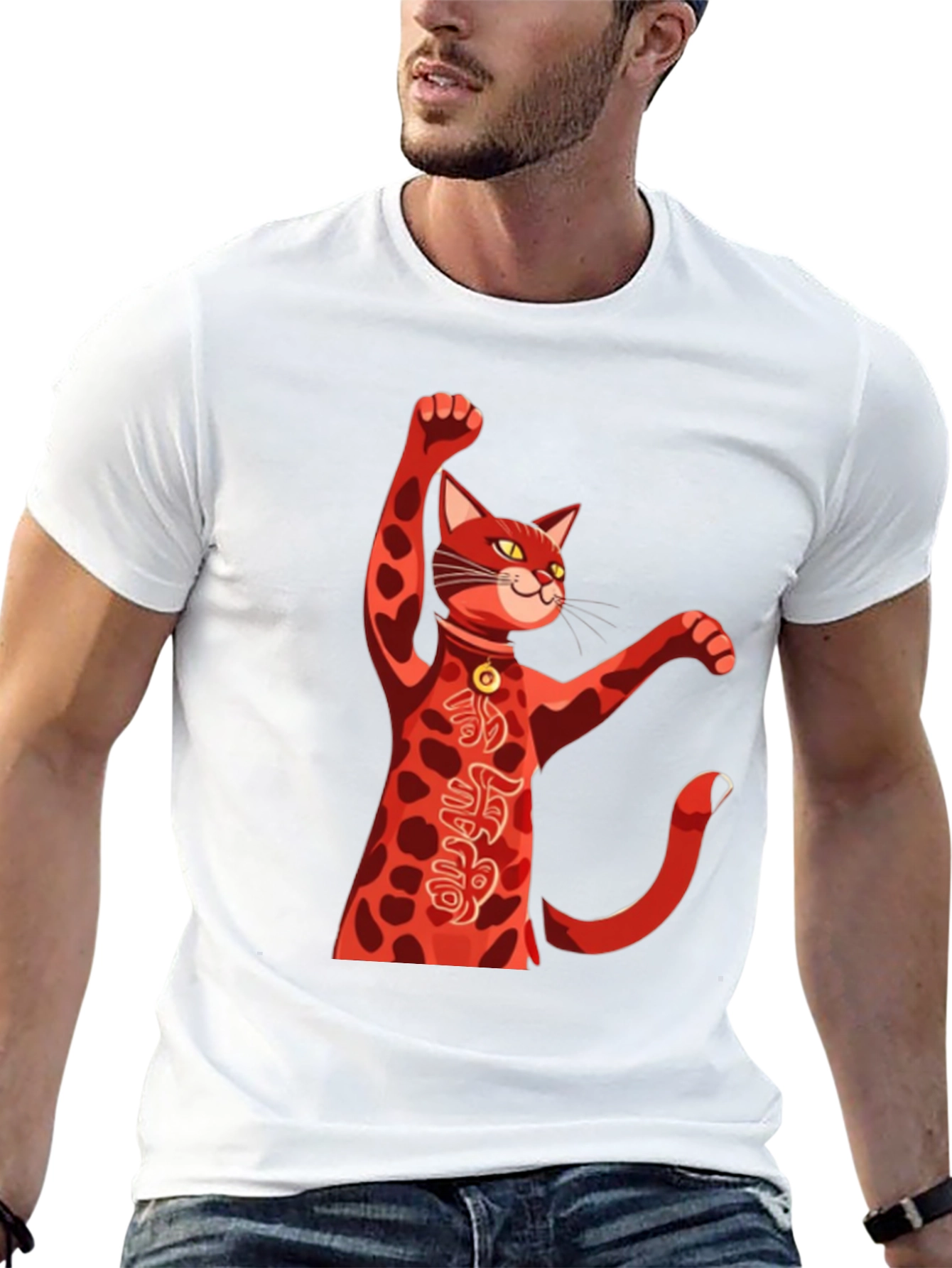 Black Lucky Cat T-Shirt - Red Maneki Neko Graphic Tee view 13