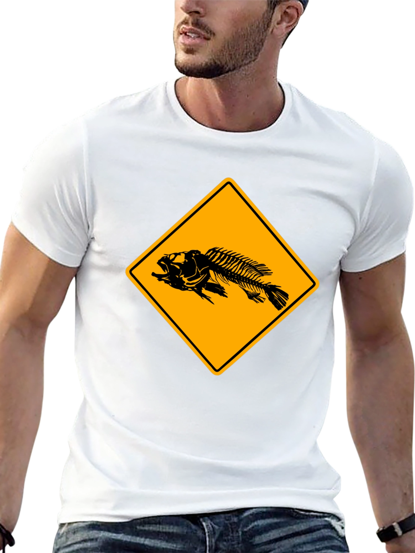 Black Fishbone Warning Sign Graphic Tee - Black Cotton T-Shirt view 13