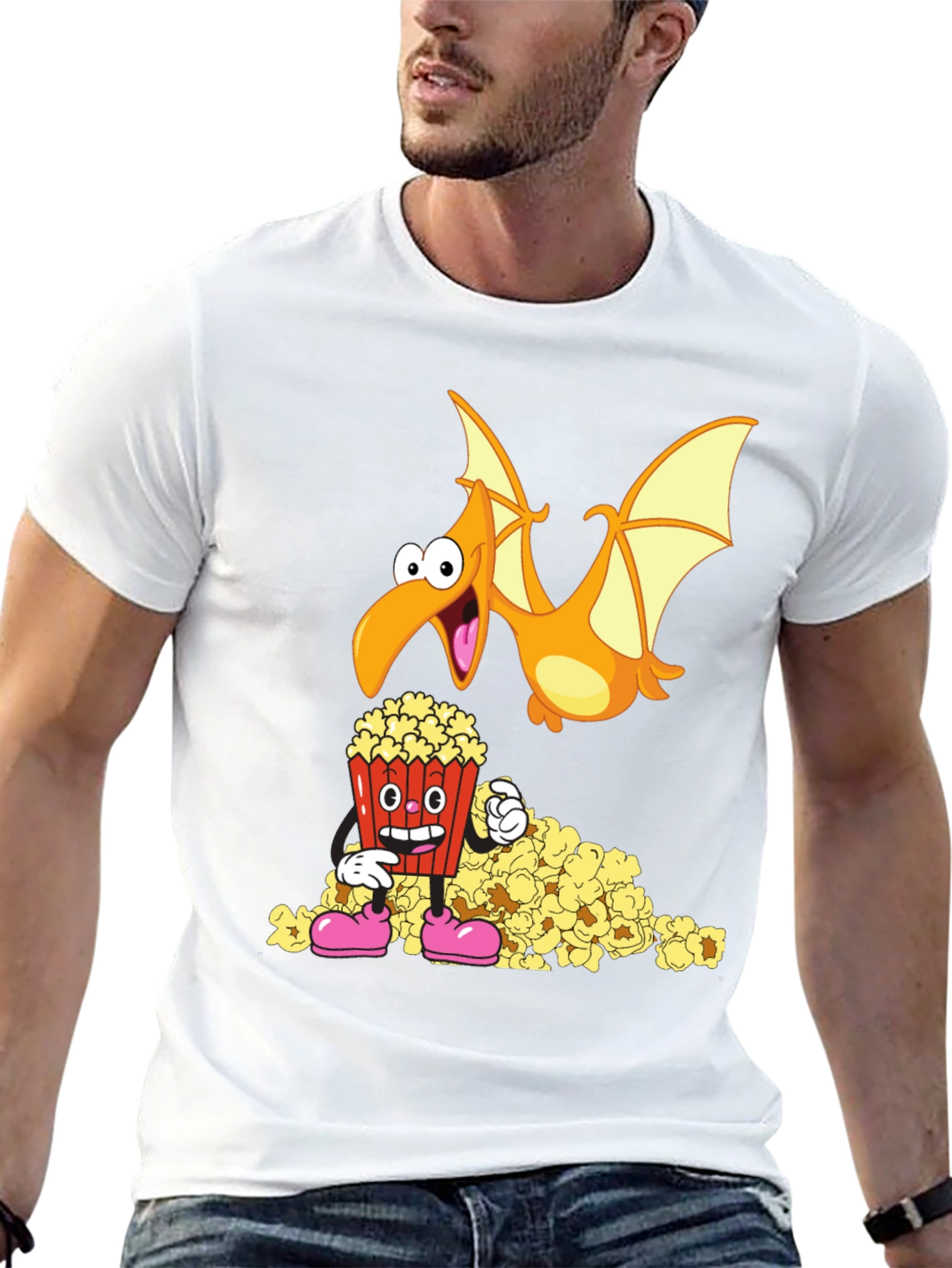 Black Cartoon Pterodactyl & Popcorn Graphic T-Shirt view 13