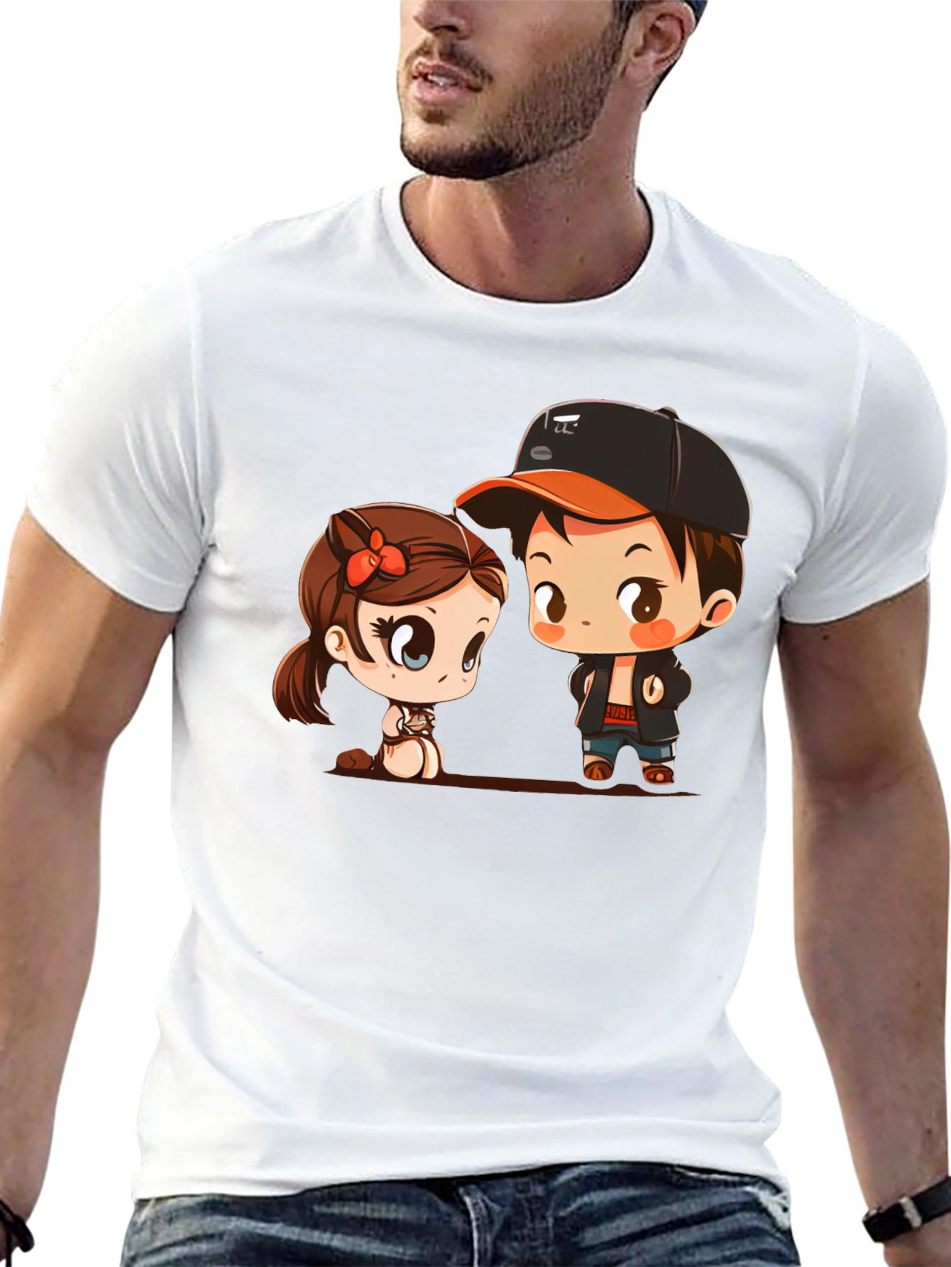 Black Cute Cartoon Couple Black T-Shirt view 13