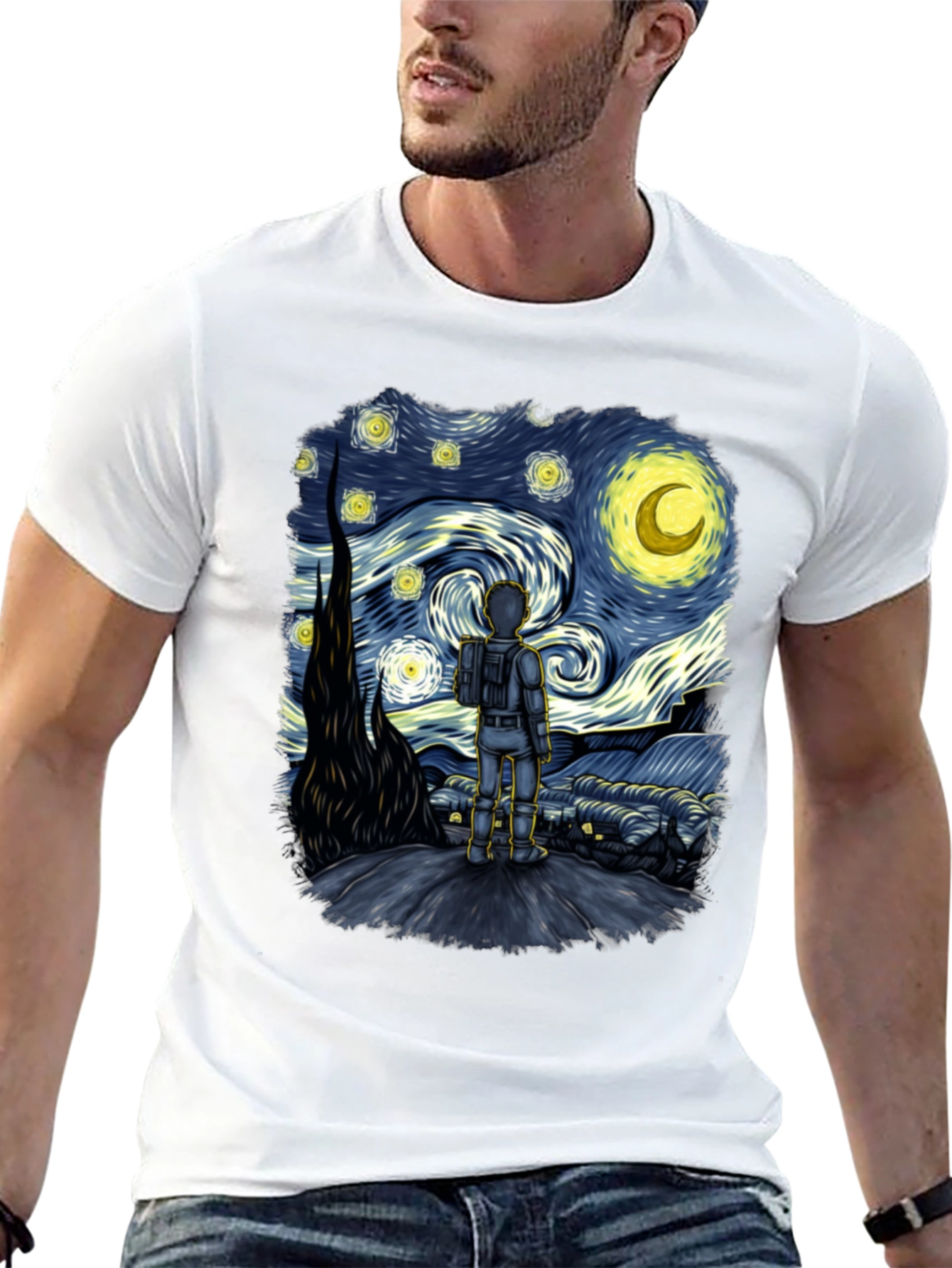 Black Starry Spaceman T-Shirt: Unique Art Tee view 13