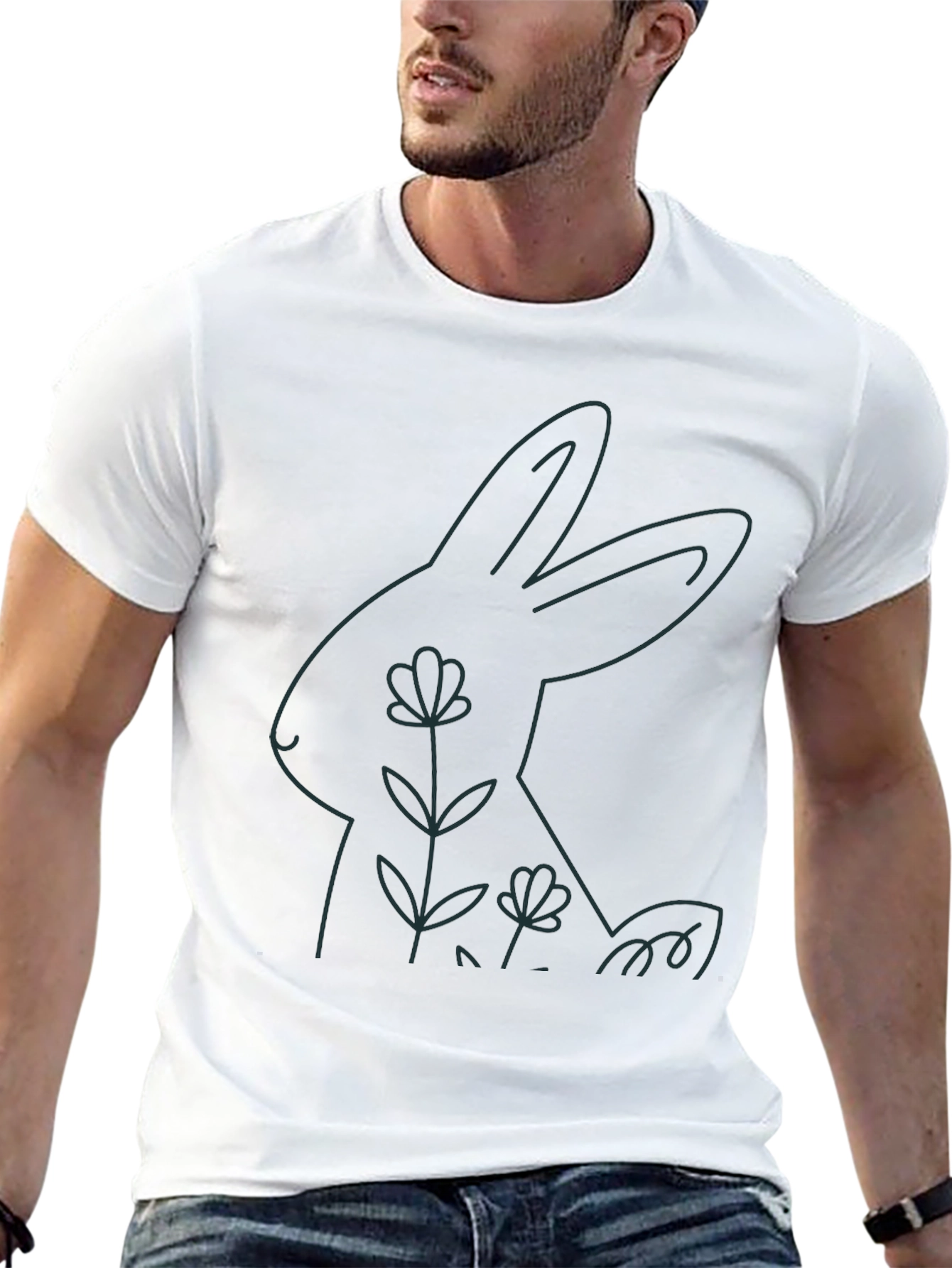 Black Minimalist Rabbit Graphic Tee - Black Cotton Blend view 13