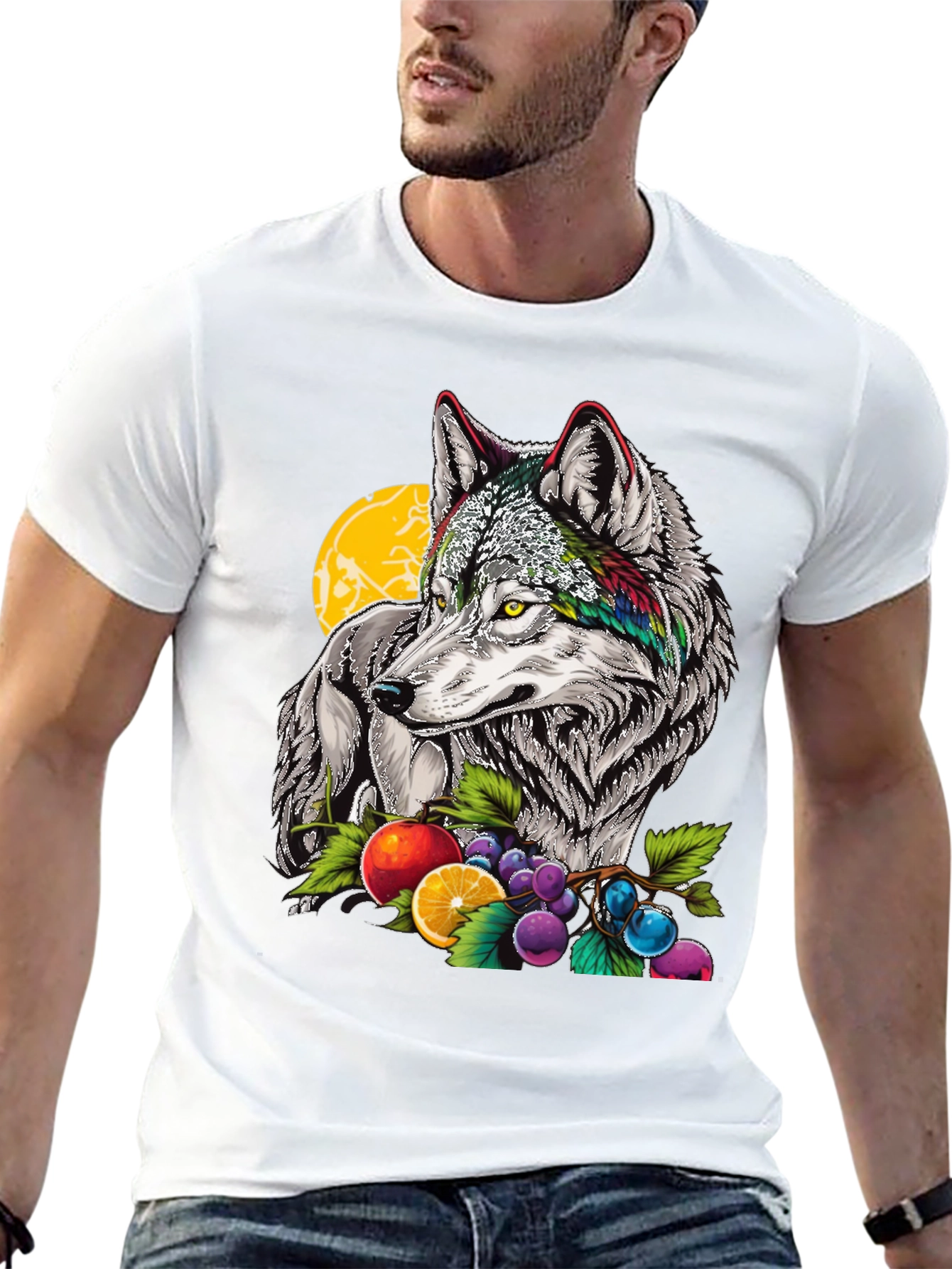Black Wolf & Fruit Graphic Print T-Shirt - Black view 13