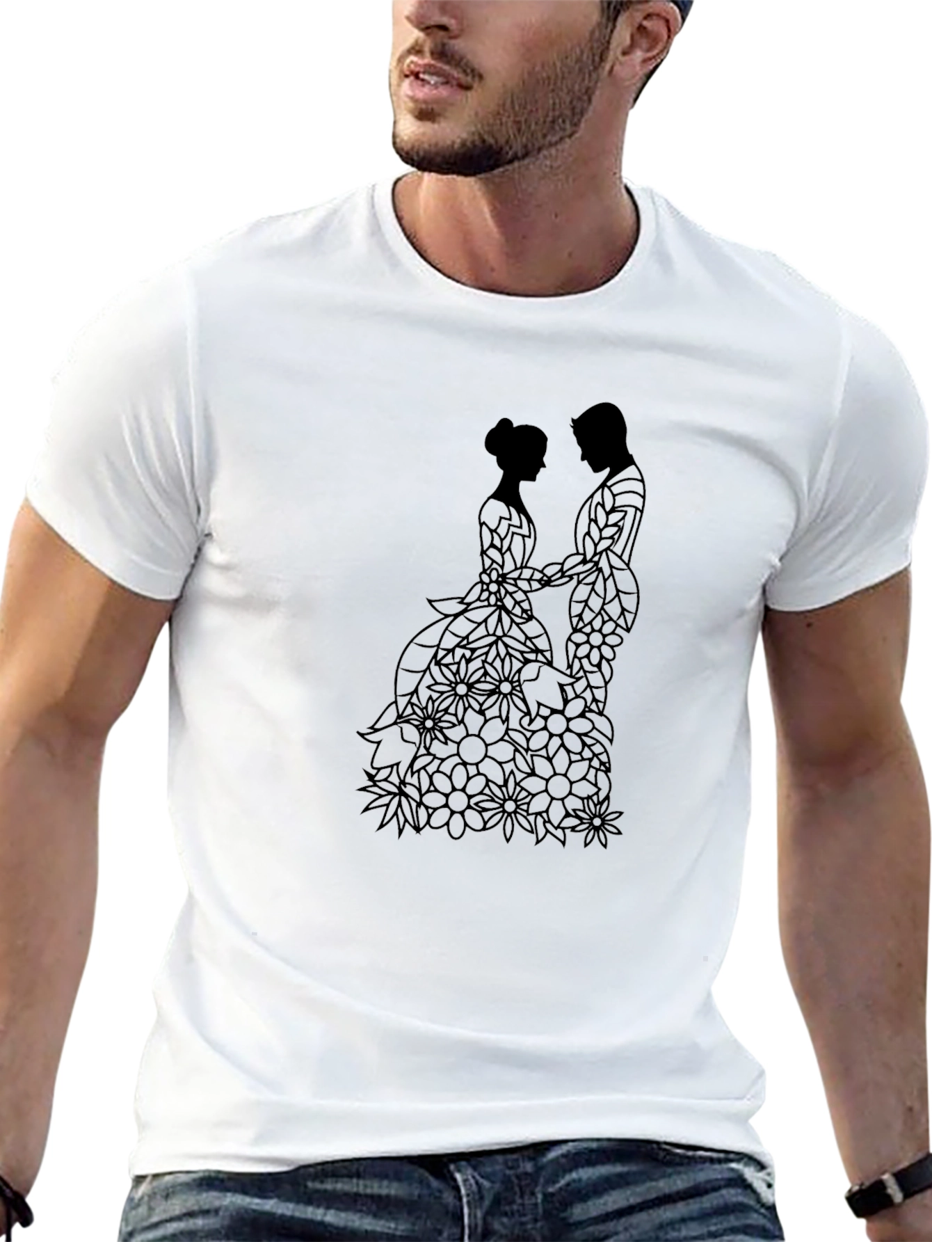 Black Elegant Floral Couple T-Shirt - Black view 13