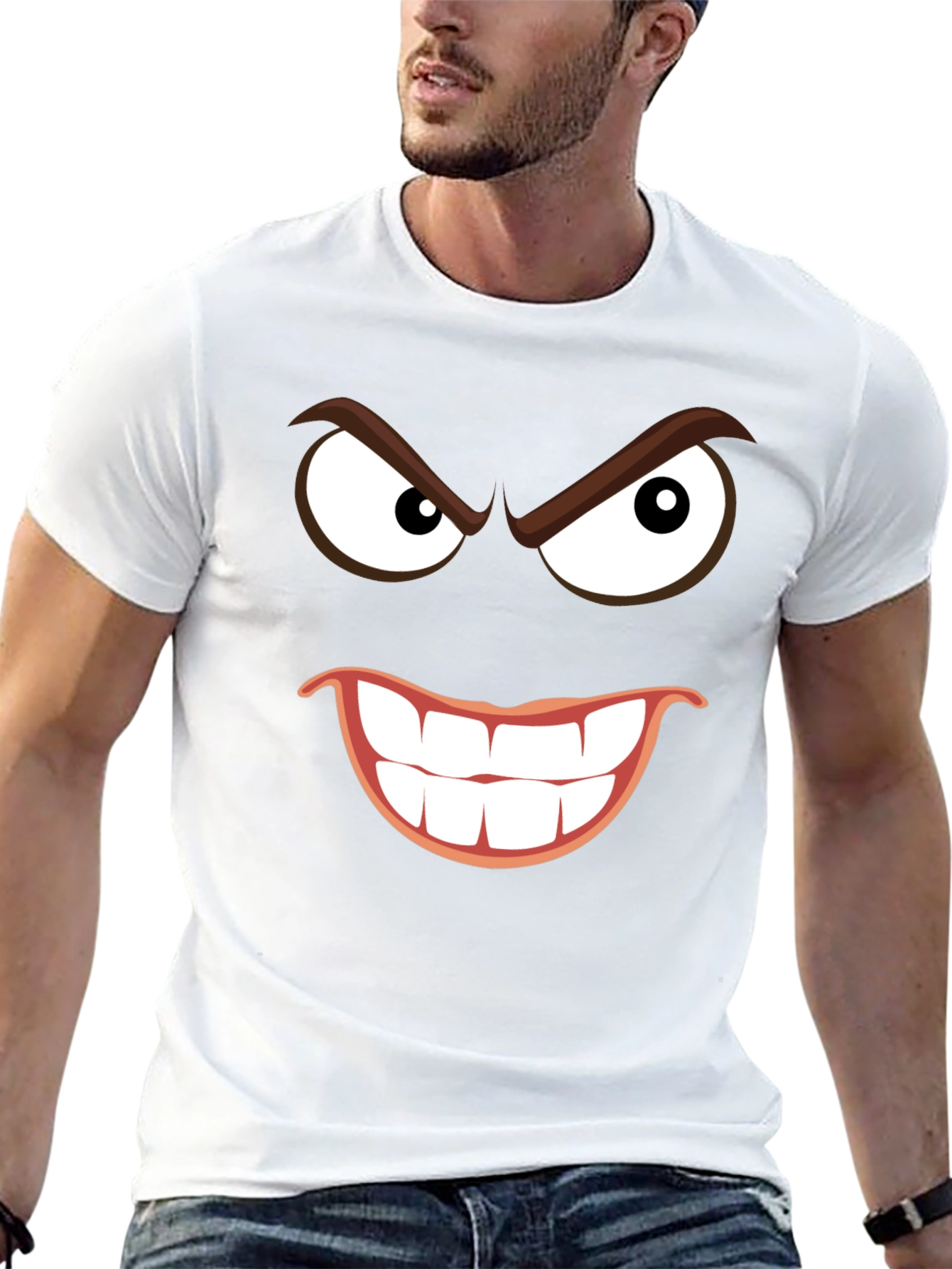 Black Men's Black T-Shirt with Grinning Cartoon Face view 13