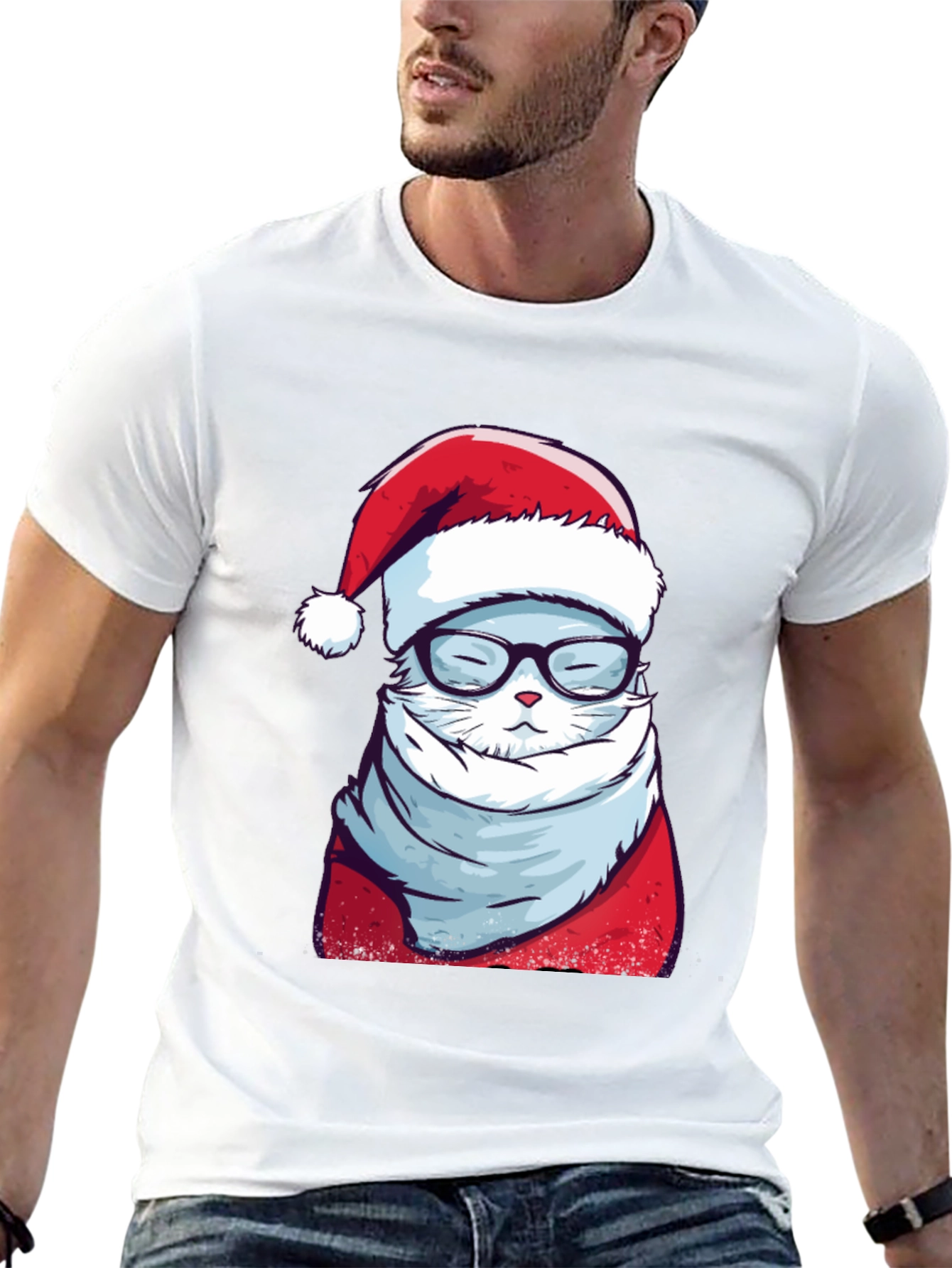 Black Holiday Cat T-Shirt: Santa Hat & Glasses view 13