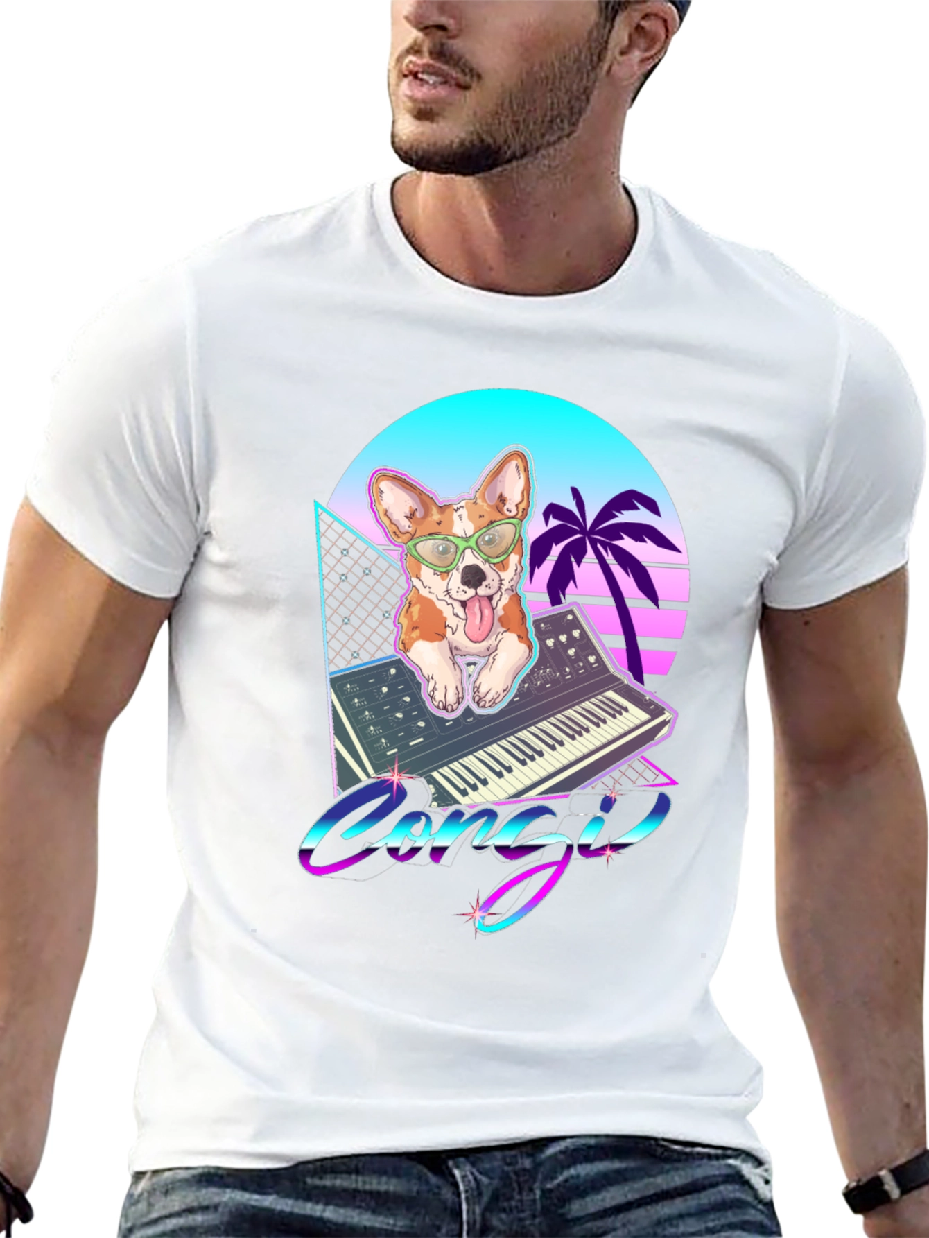 Black Retro Corgi Synthwave Graphic T-Shirt view 13