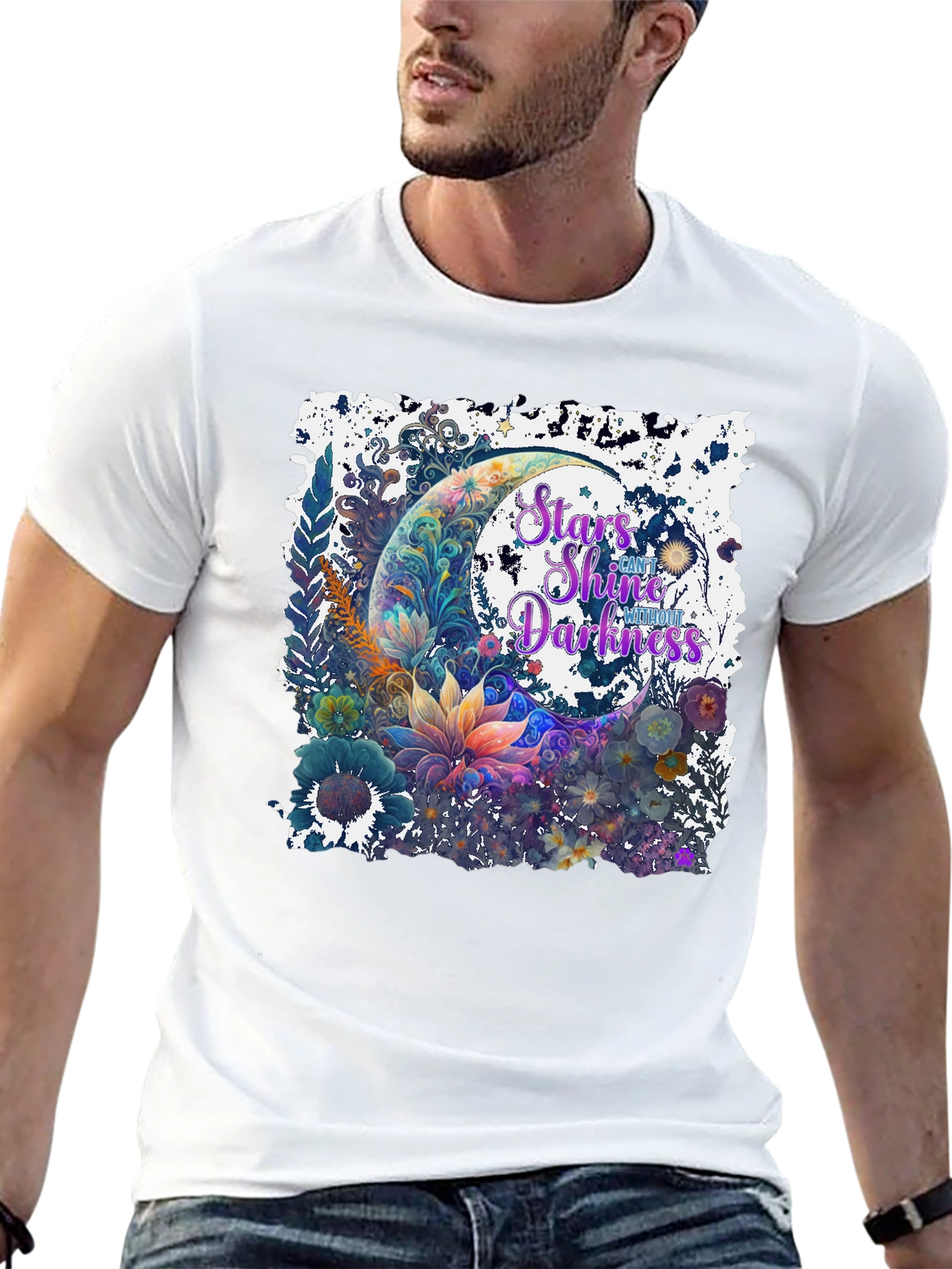 Black Stars Shine Graphic T-Shirt - Floral Moon Design view 13