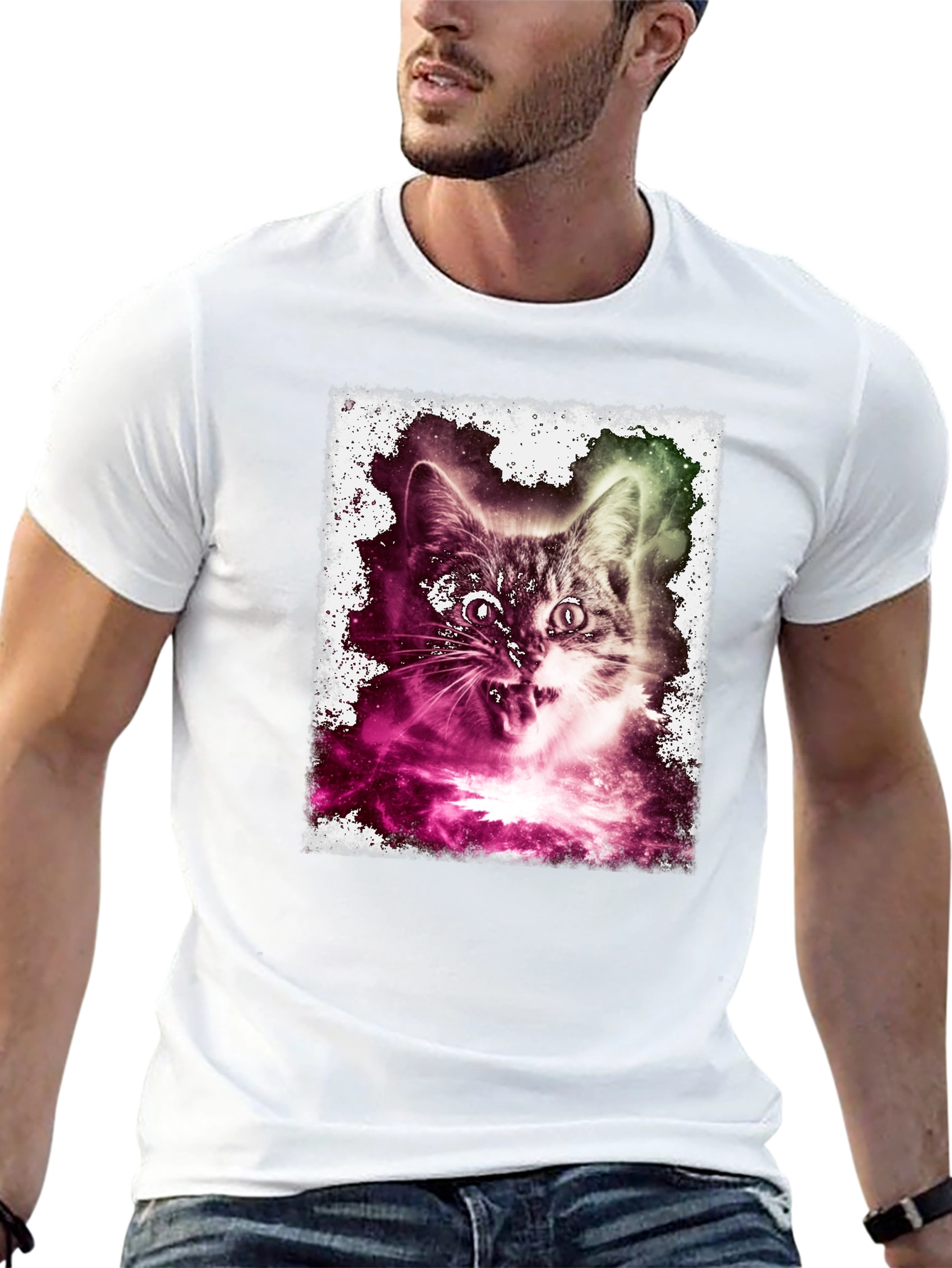 Black Galaxy Cat Graphic Tee - Men's Black T-Shirt view 13