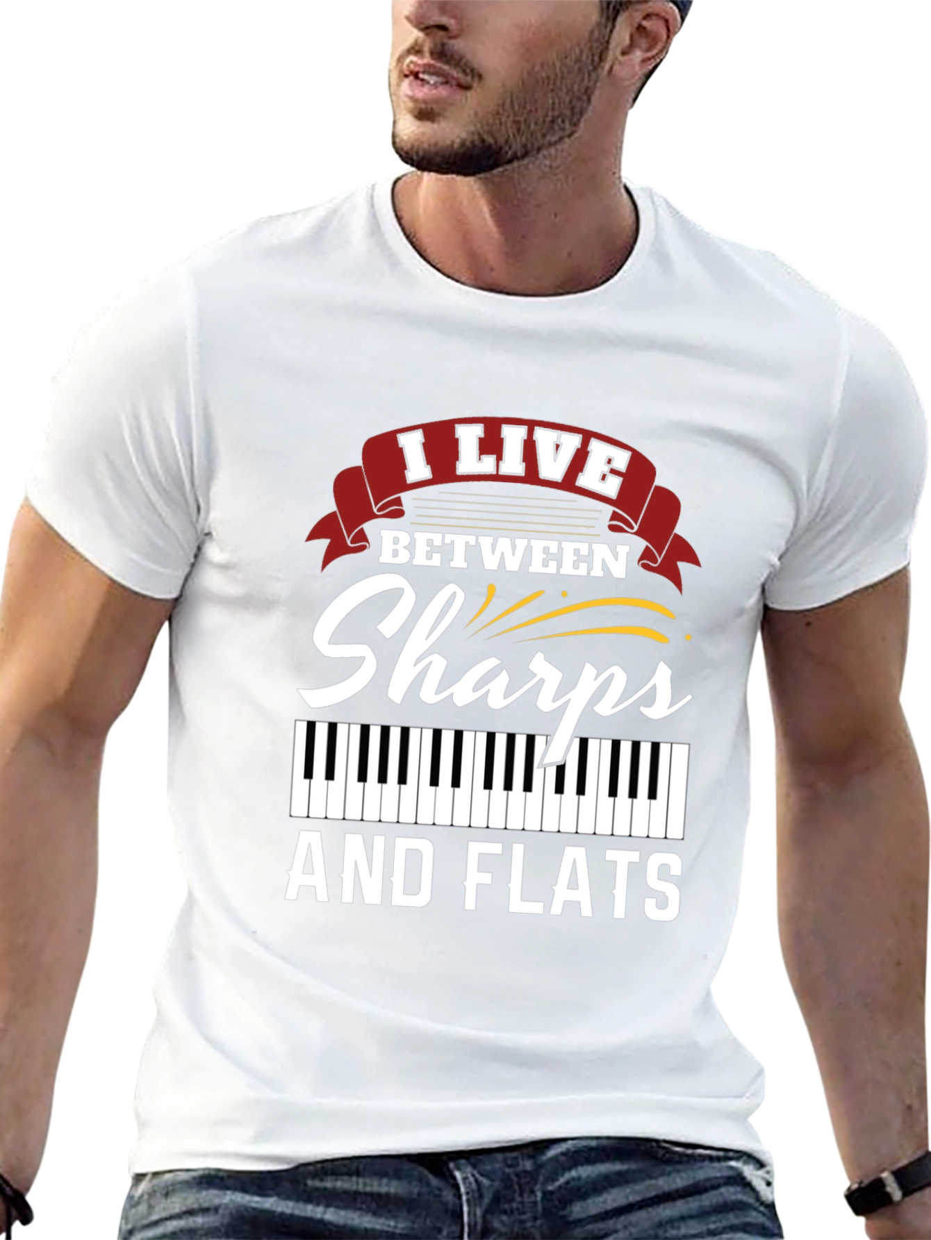 Black I Live Between Sharps and Flats Musician T-Shirt view 13