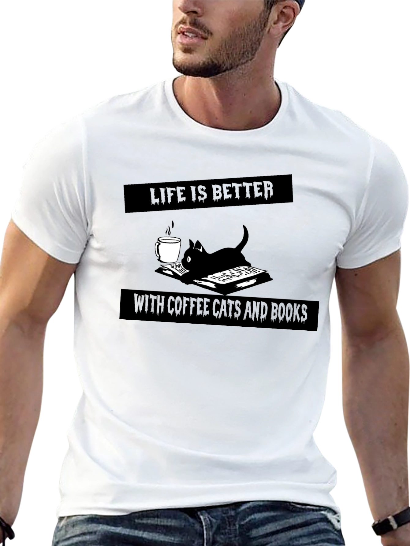 Black Life is Better with Coffee, Cats, and Books Black Tee view 13