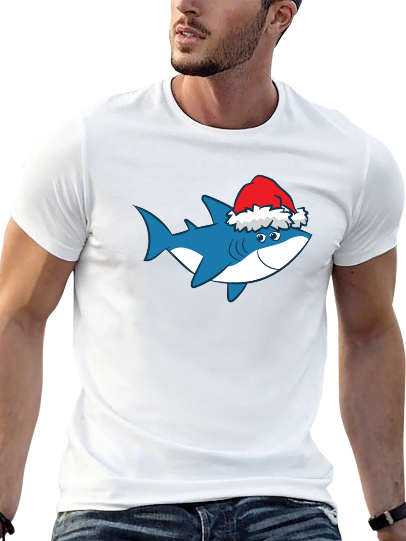 Black Shark Christmas T-Shirt Holiday Tee Santa Hat view 13