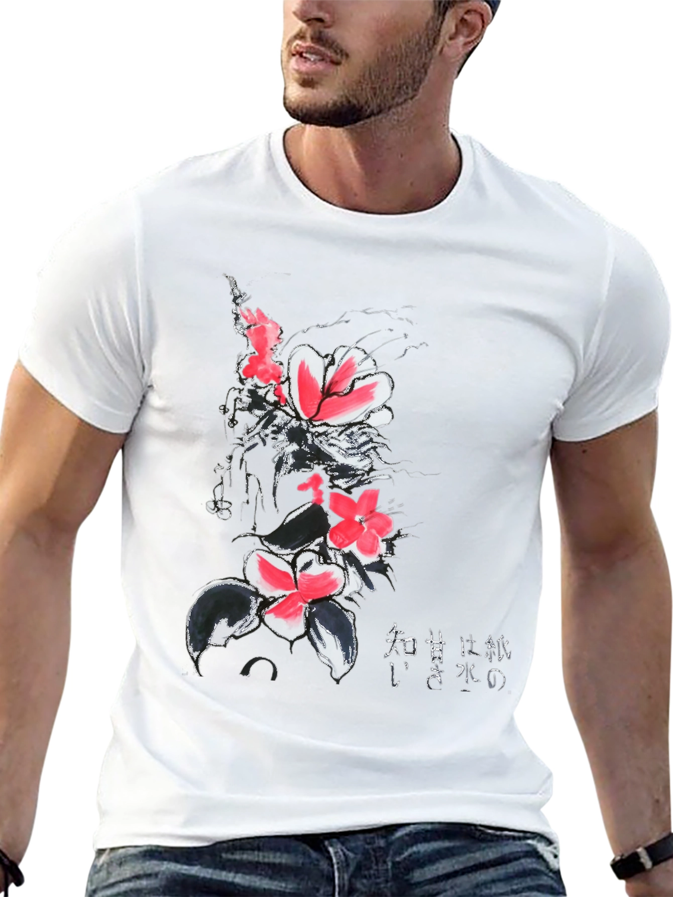 Black Floral Print Black T-Shirt with Japanese Text view 13
