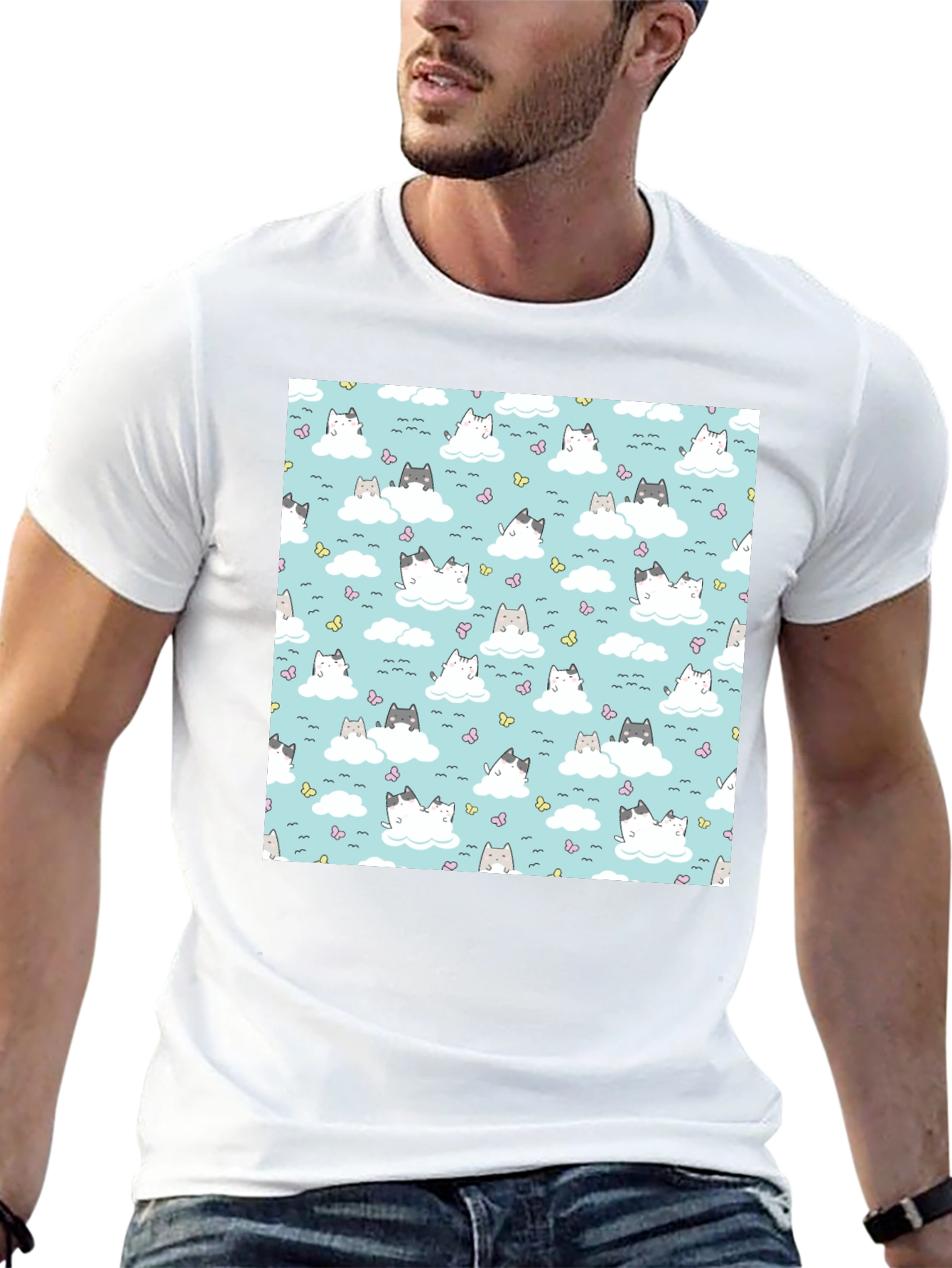 Black Cloud Cat Tee - Cute Pattern Black T-Shirt view 13