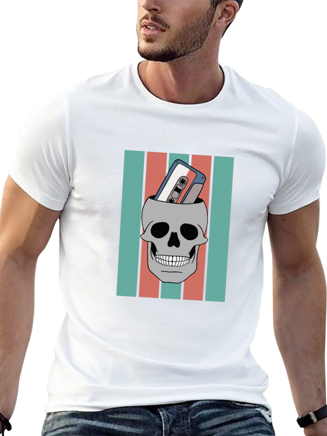 Black Skull & Cassette Tape Graphic Tee - Retro Music Vibes view 13
