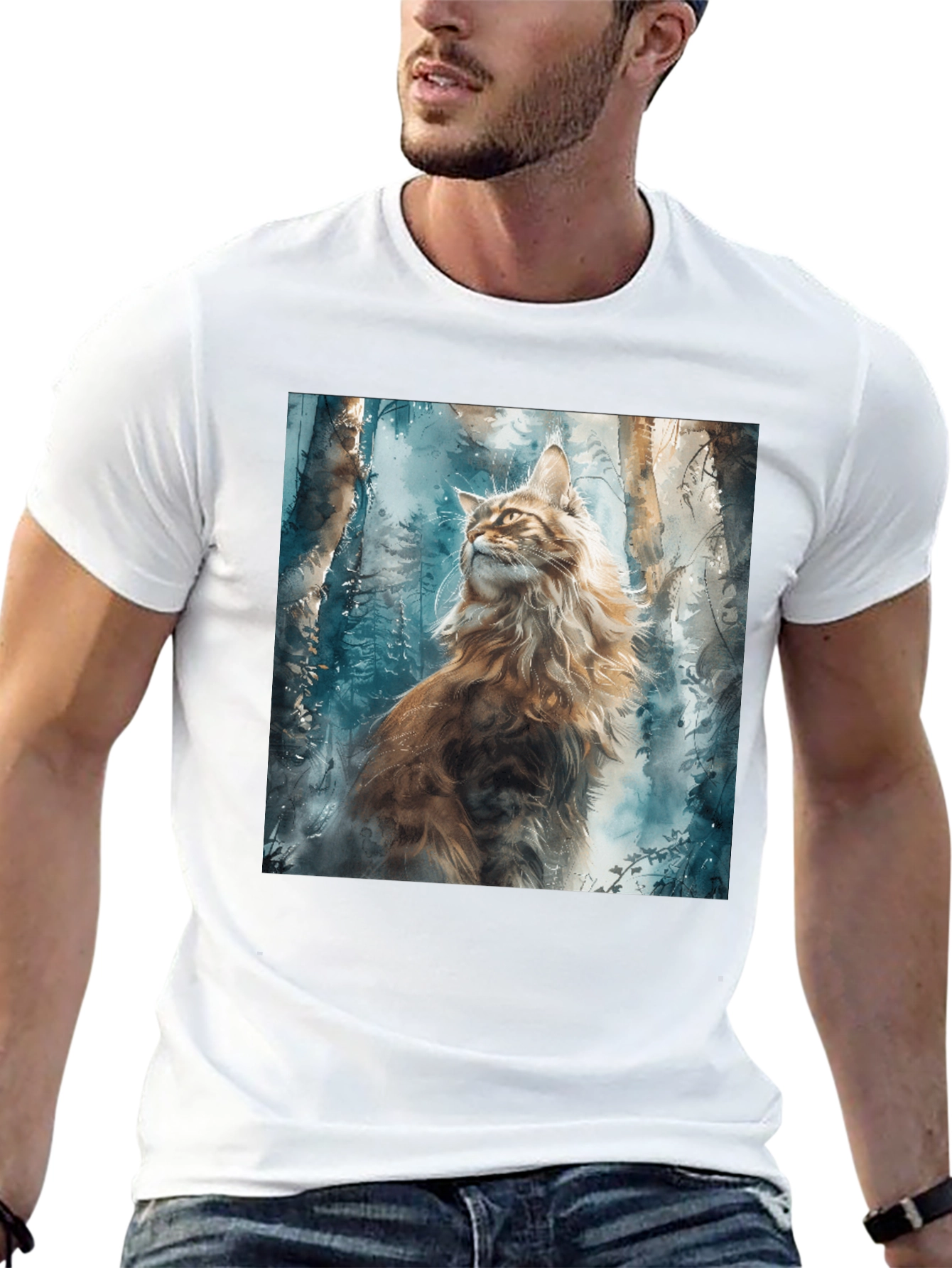 Black Watercolor Cat in Forest Graphic Tee view 13