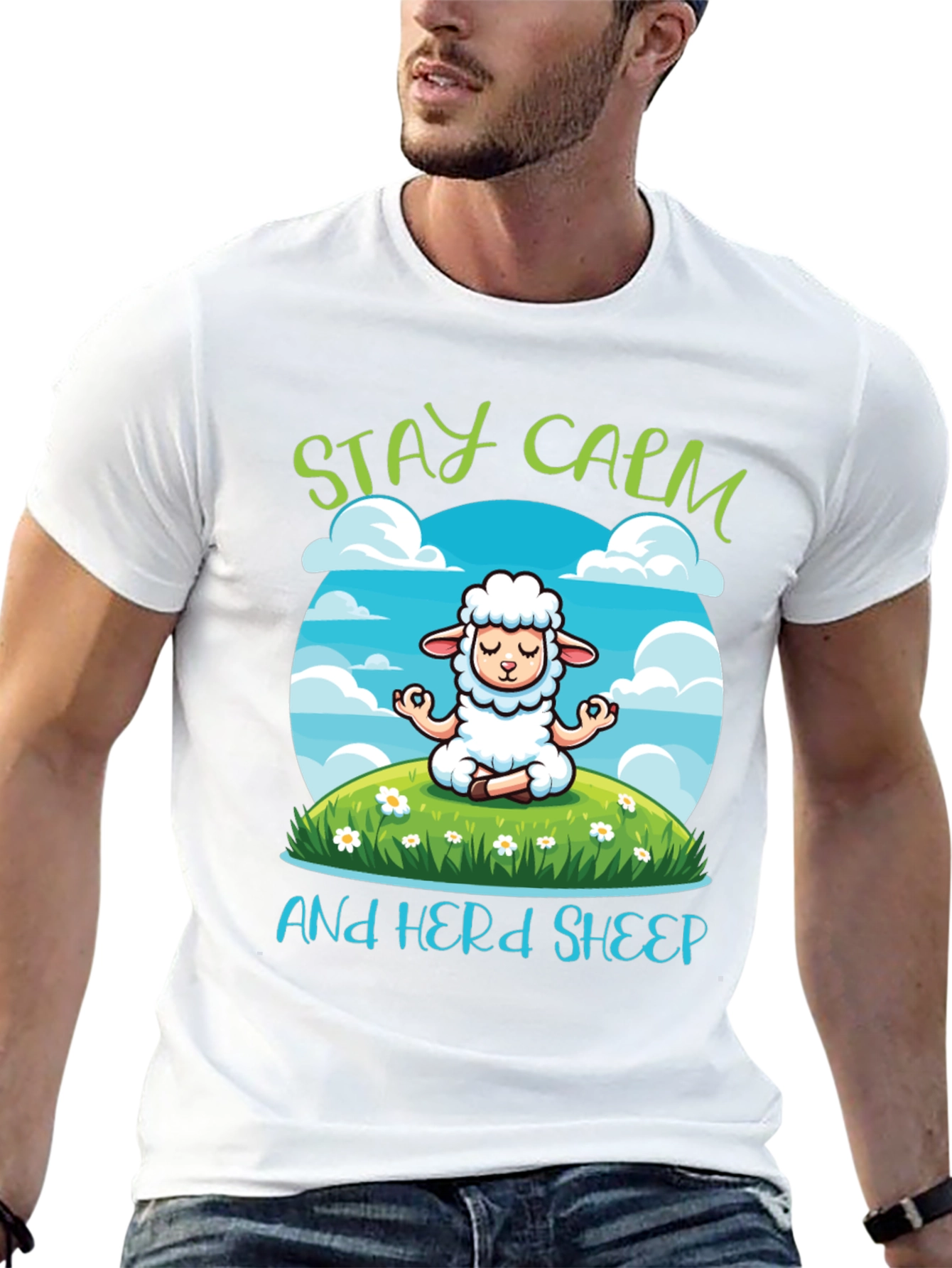 Black Stay Calm Herd Sheep T-Shirt - Meditation Sheep Tee view 13
