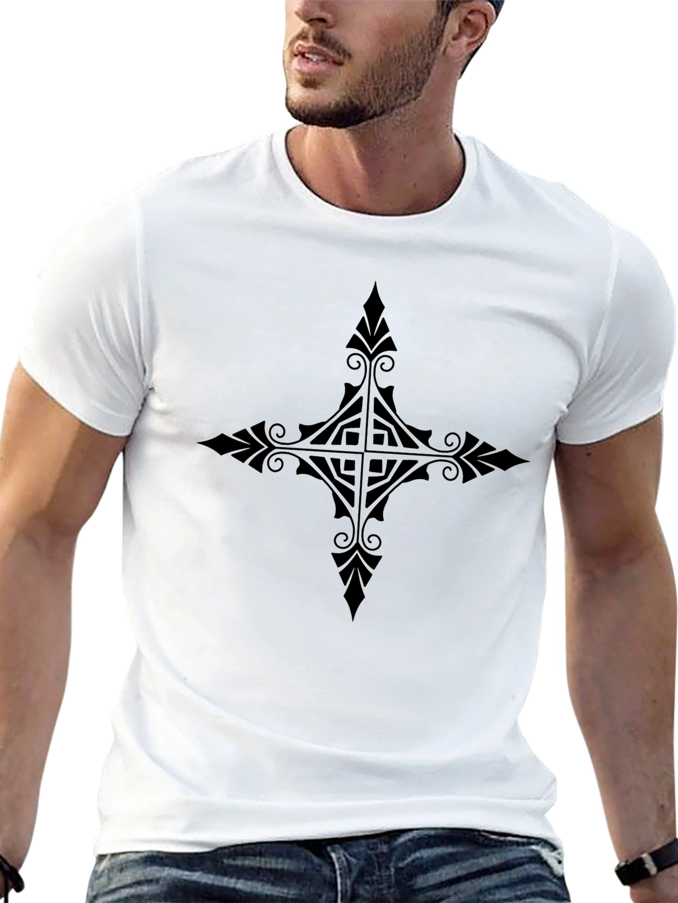 Black Men's Black T-Shirt with Ornamental Cross Design view 13