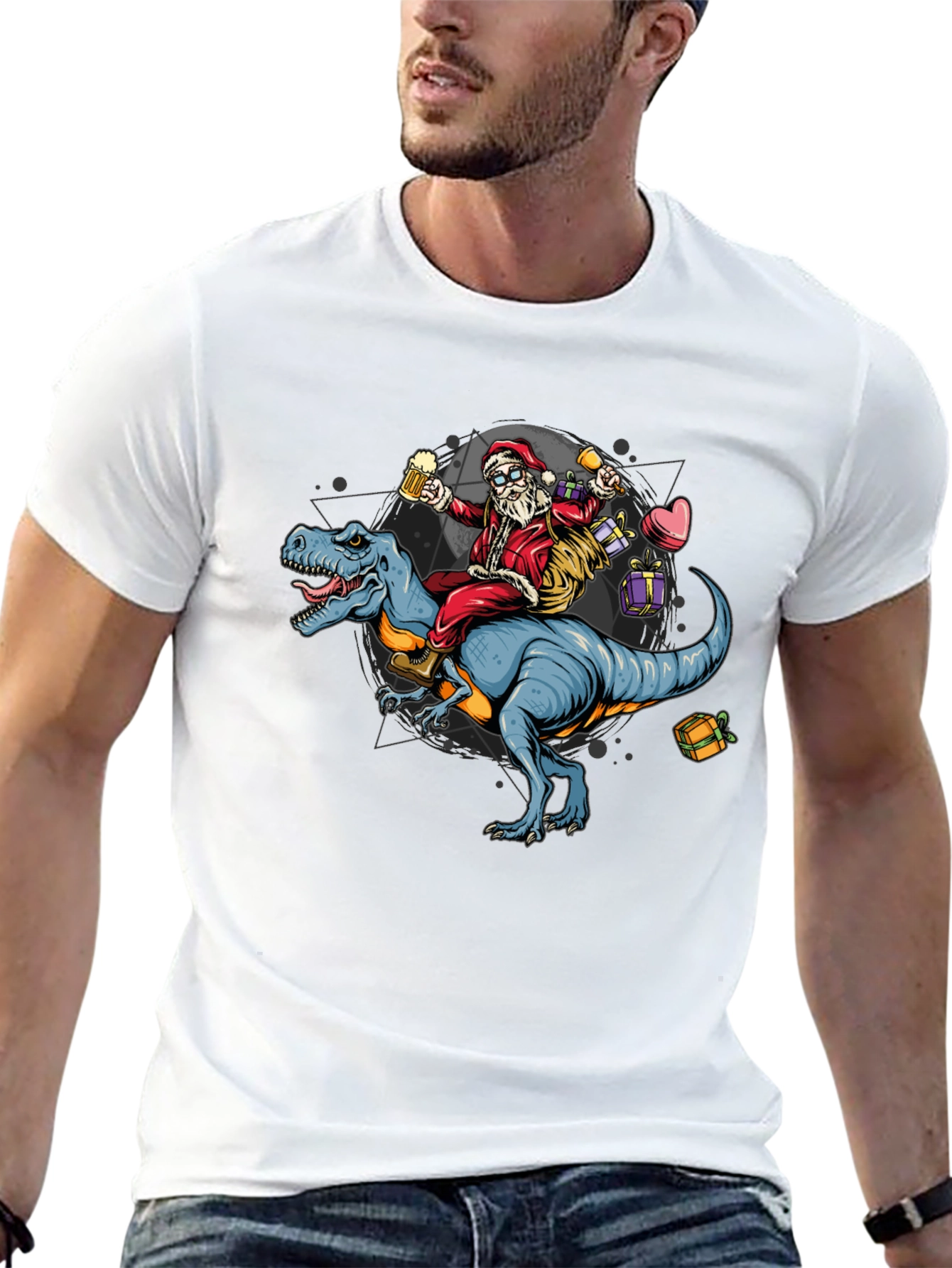 Black Santa Riding Dinosaur T-Shirt - Festive Holiday Apparel view 13