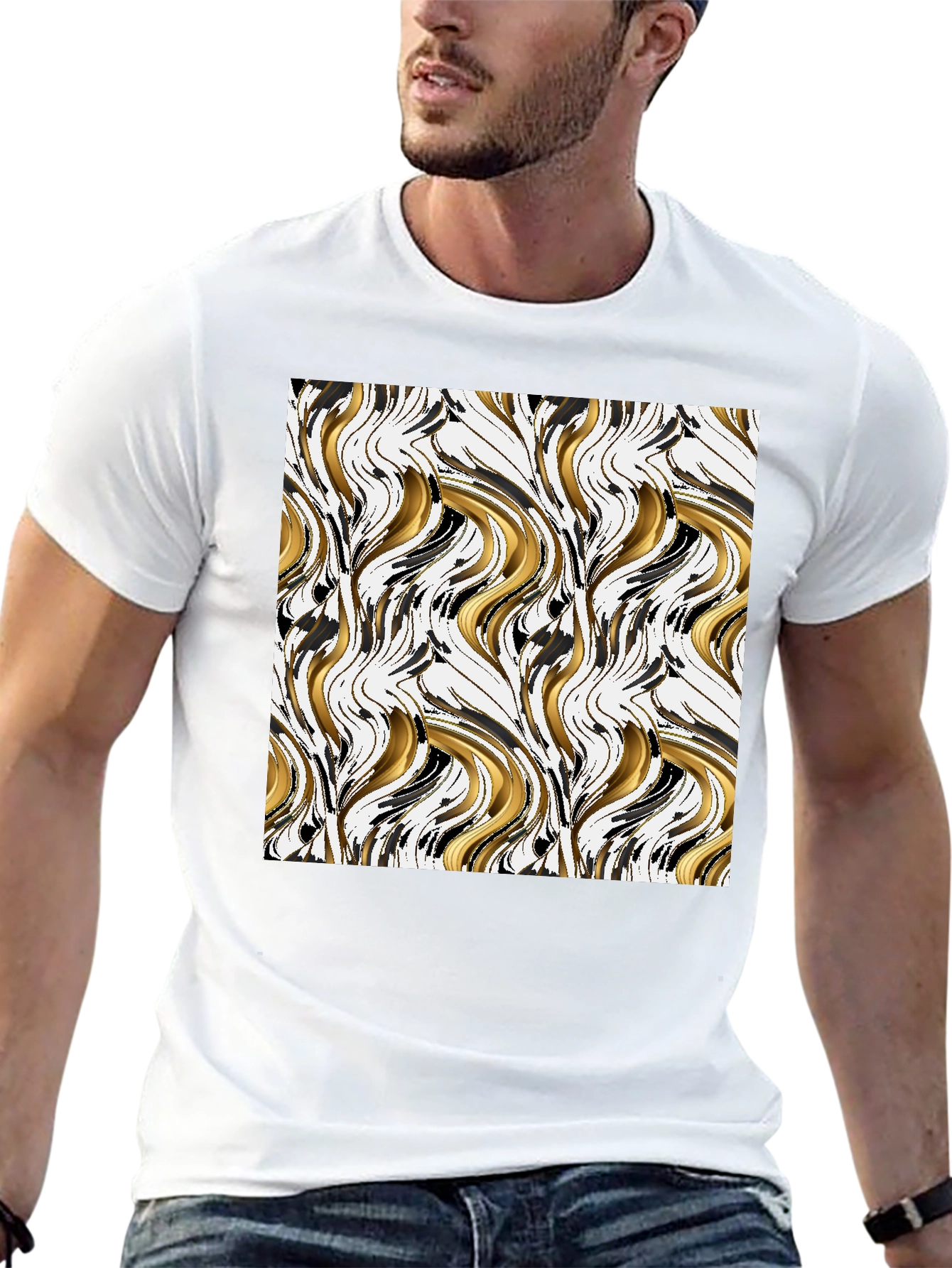 Black Abstract Gold & Black Swirl Print Black T-Shirt view 13