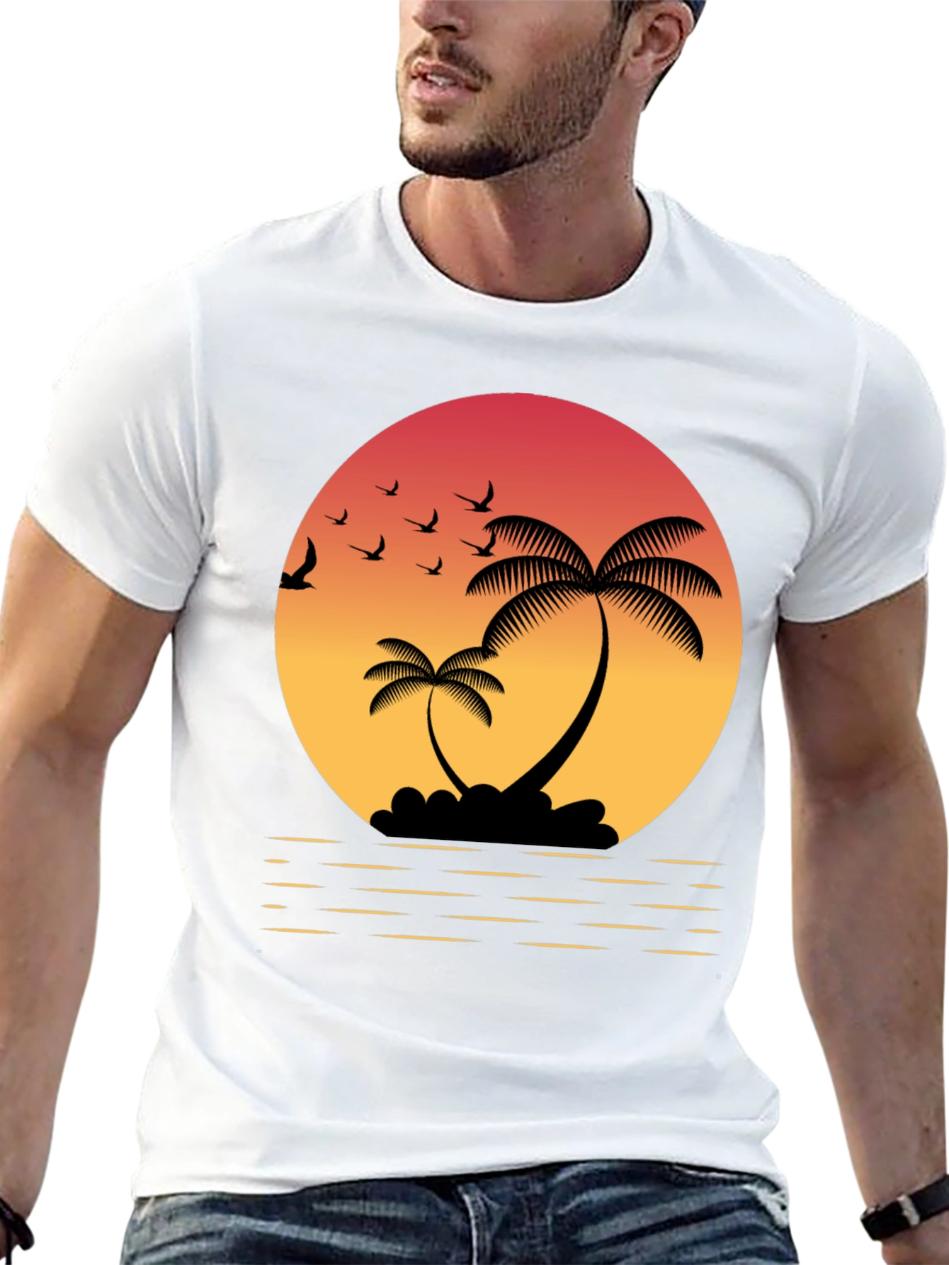 Black Tropical Sunset T-Shirt: Palm Trees & Birds view 13