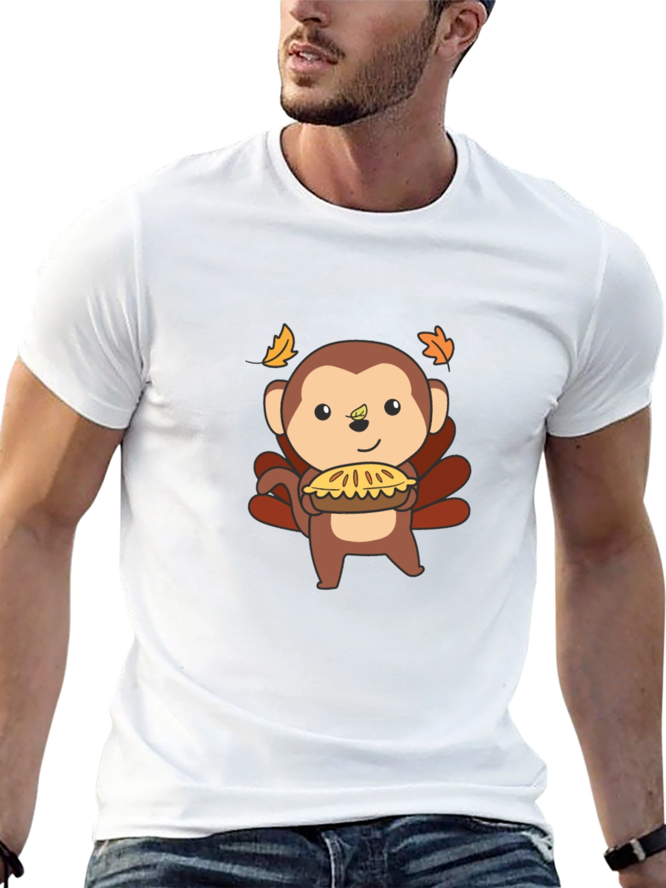 Black Thanksgiving Monkey Holding Pie Black T-Shirt view 13