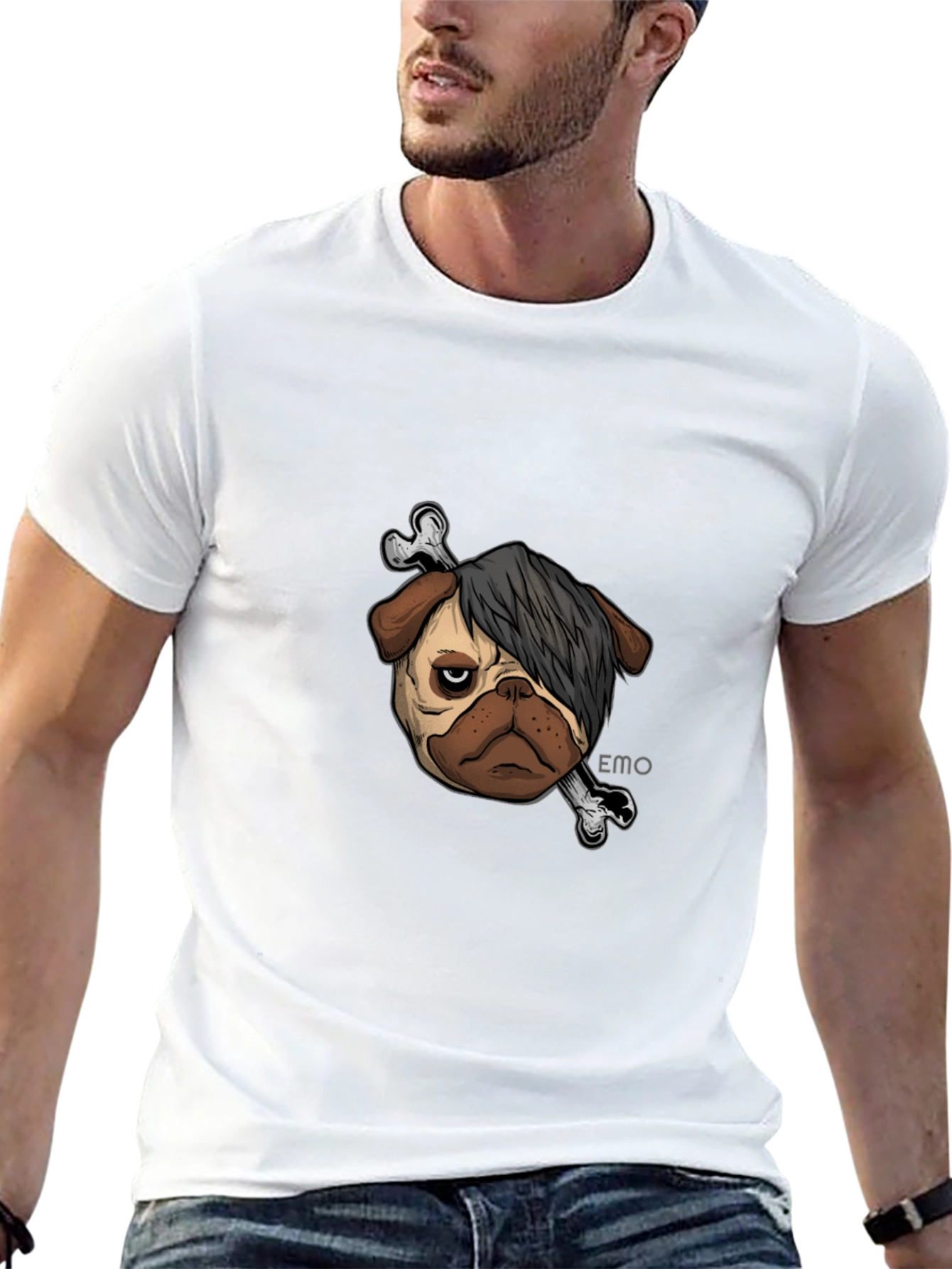 Black Emo Pug T-Shirt - Unisex Black Cotton Graphic Tee view 13
