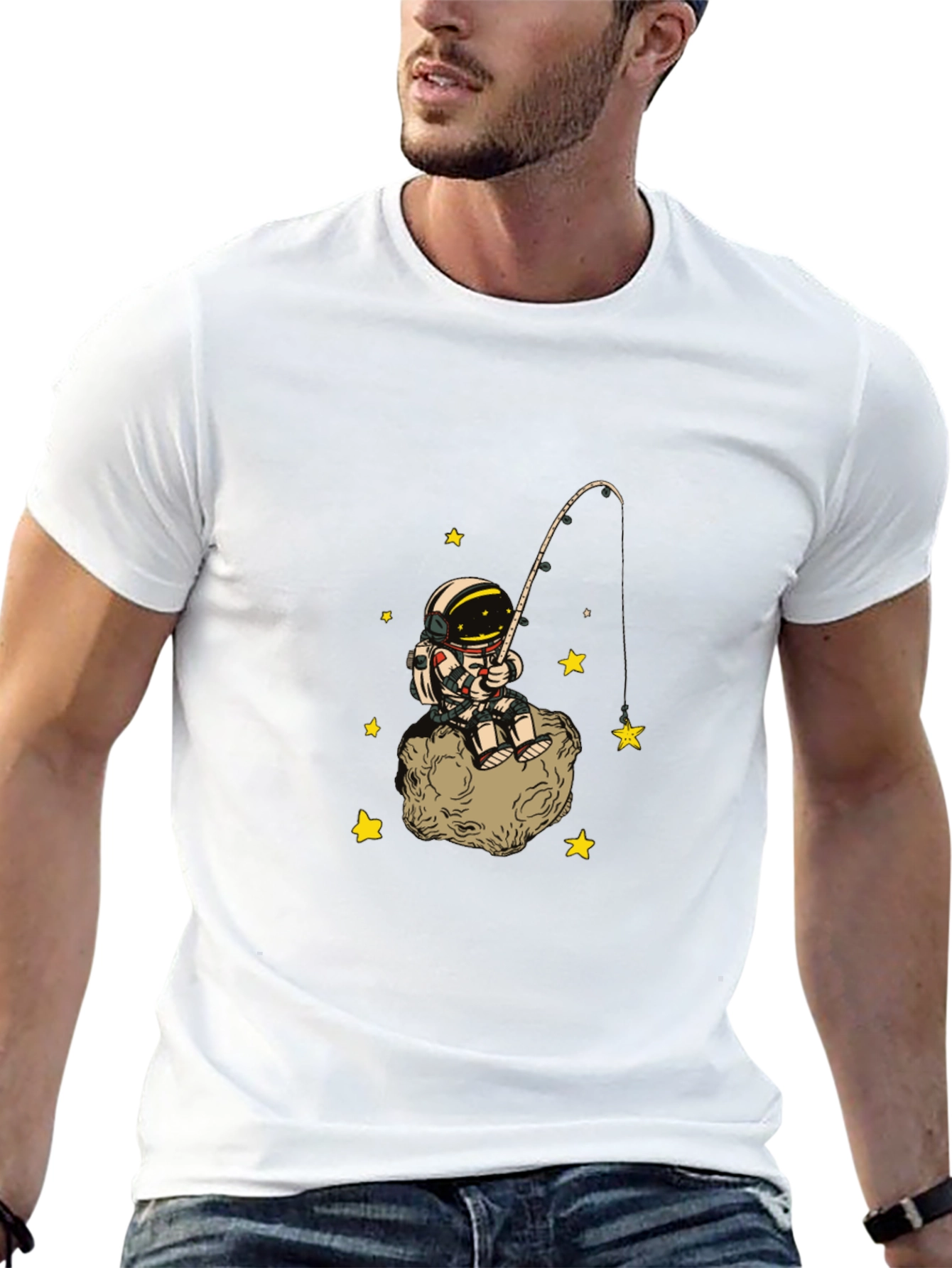Black Astronaut Fishing Starry Tee - Outer Space Cotton T-Shirt view 13