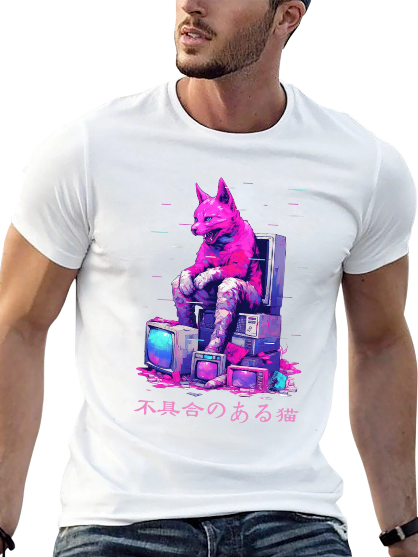 Black Cyberpunk Cat Glitch T-Shirt view 13