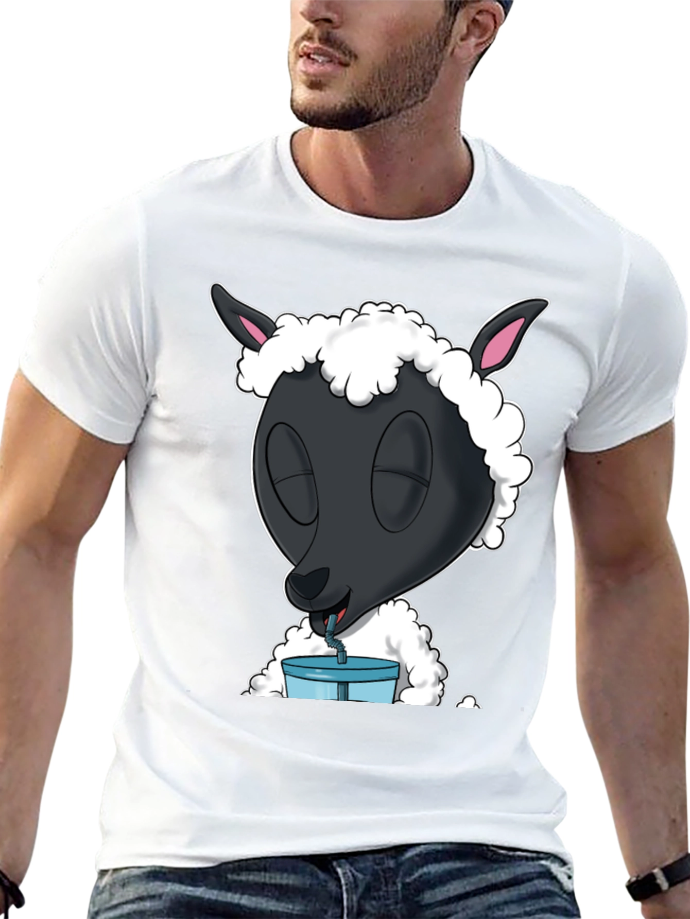 Black Black Sheep Drinking T-Shirt - Cartoon Style view 13