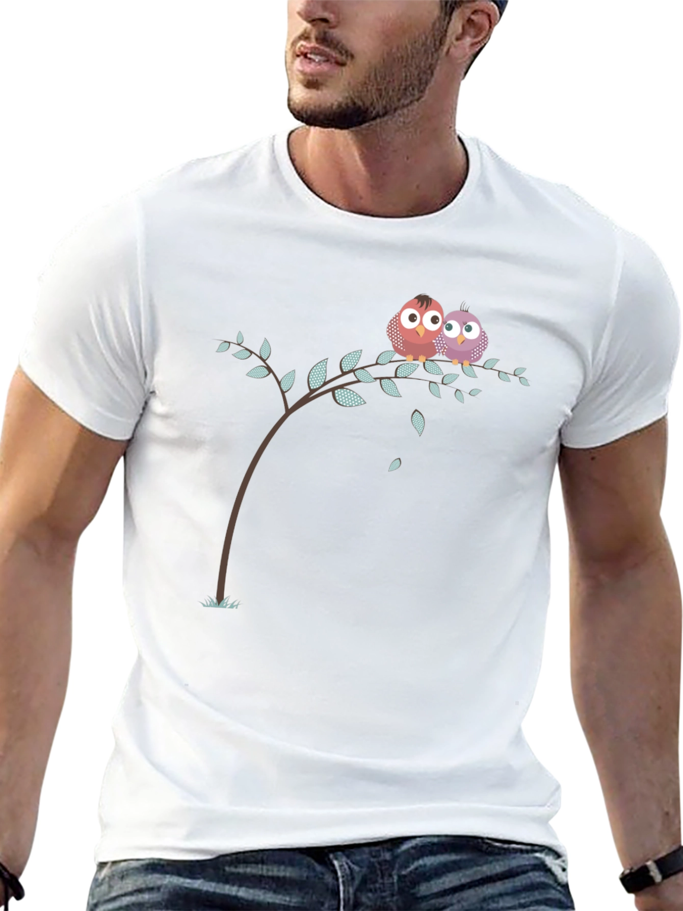 Black Cute Owl Couple on Branch Black T-Shirt view 13