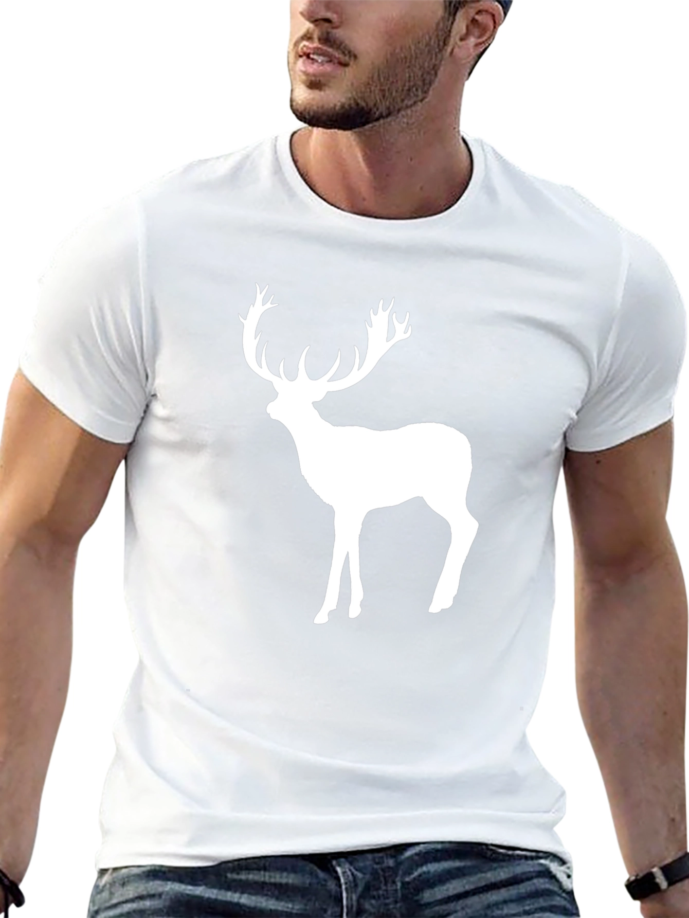 Black Men's Black T-Shirt with White Deer Graphic view 13
