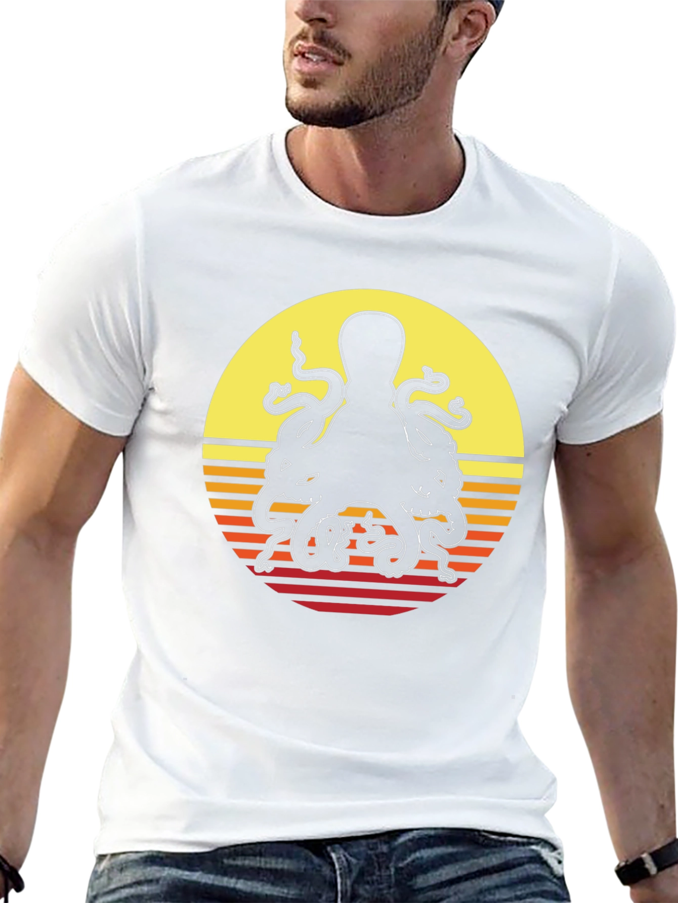 Black Retro Octopus Sunset Graphic T-Shirt view 13