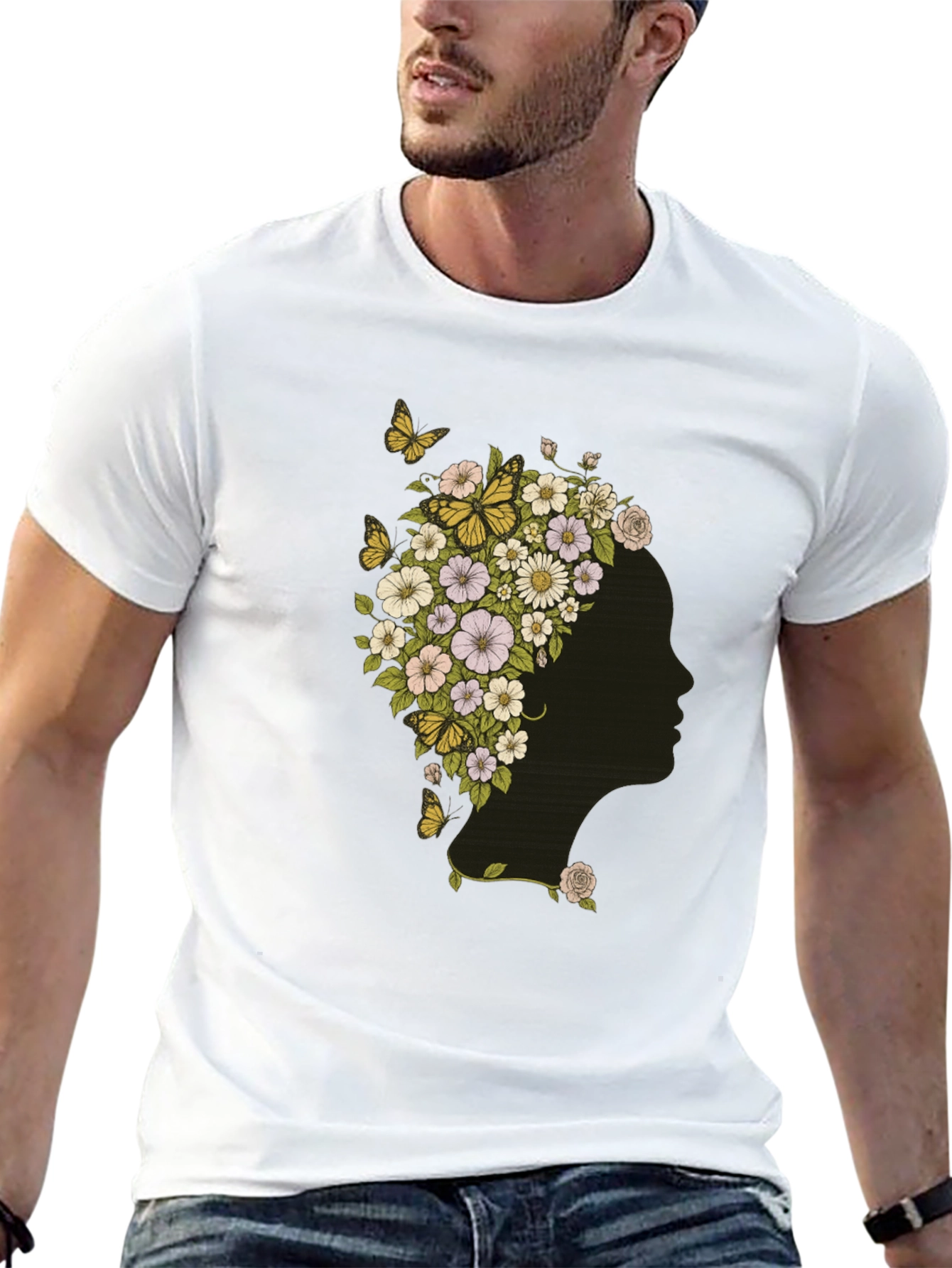 Black Floral Woman Graphic Tee - Black Cotton T-Shirt view 13