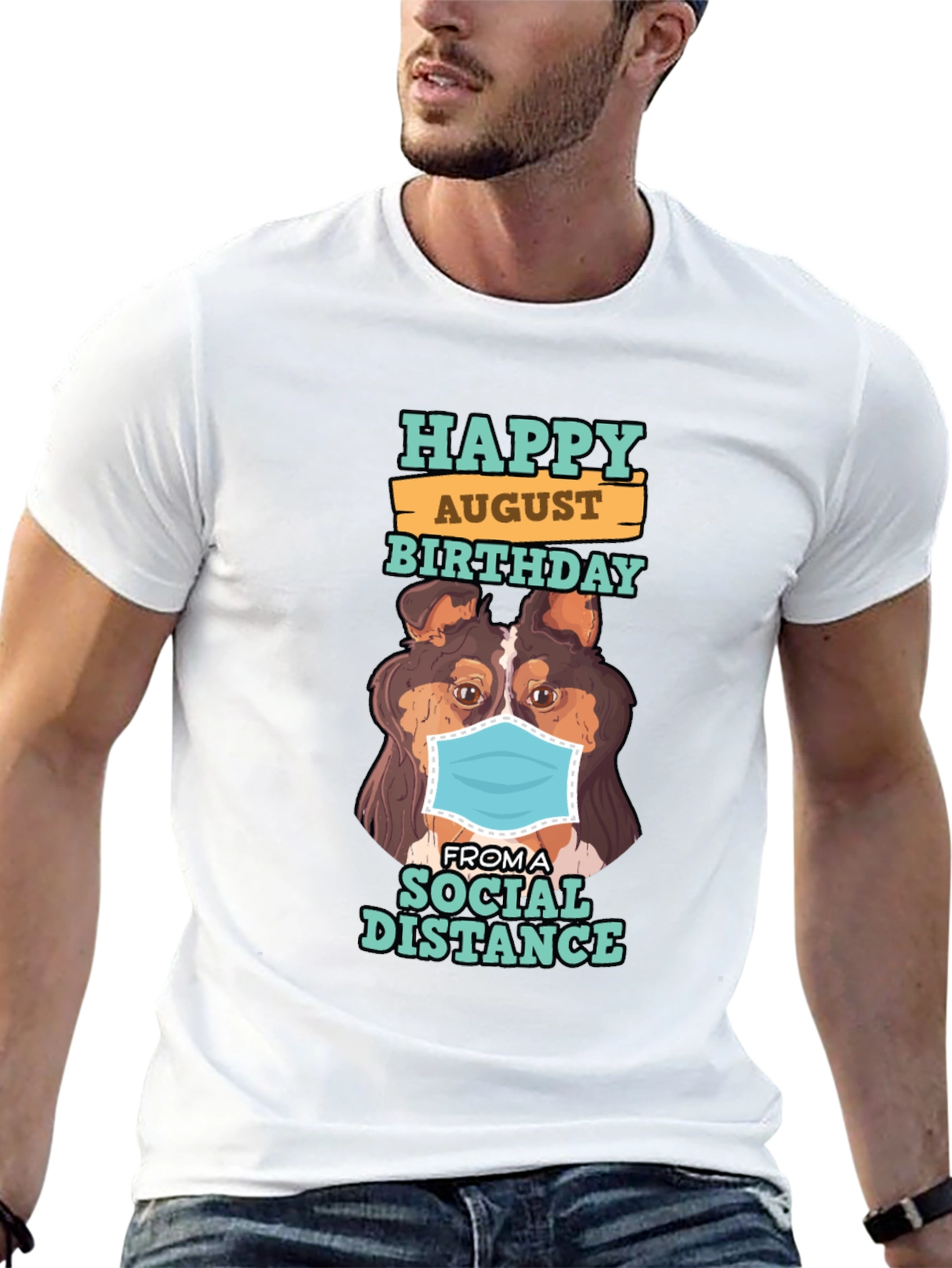 Black Happy August Birthday Social Distance Dog T-Shirt view 13