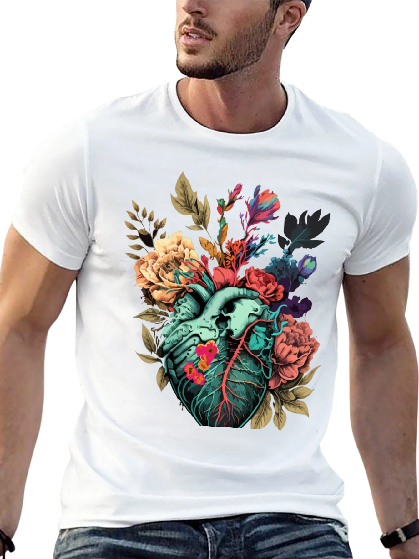 Black Floral Heart Print T-Shirt - Unique Anatomical Art view 13