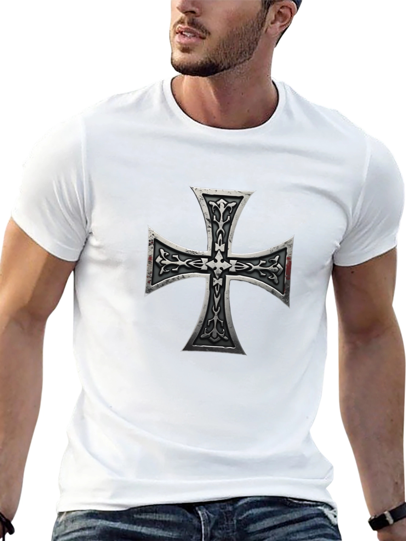Black Iron Cross Graphic Print Black T-Shirt view 13