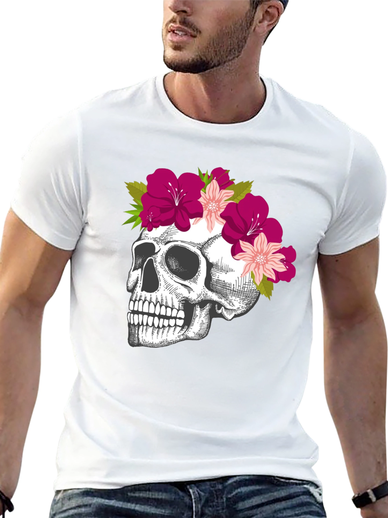Black Floral Skull Graphic Tee - Unique & Stylish view 13