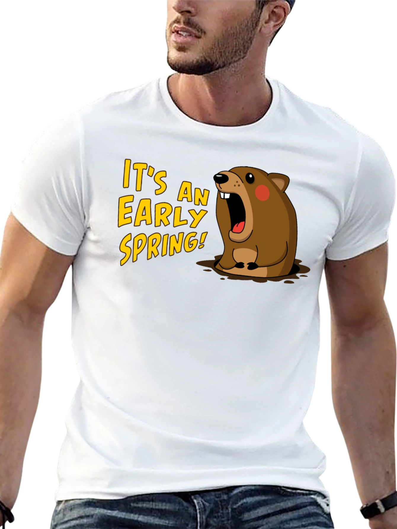 Black Early Spring Cartoon Groundhog Black T-Shirt view 13