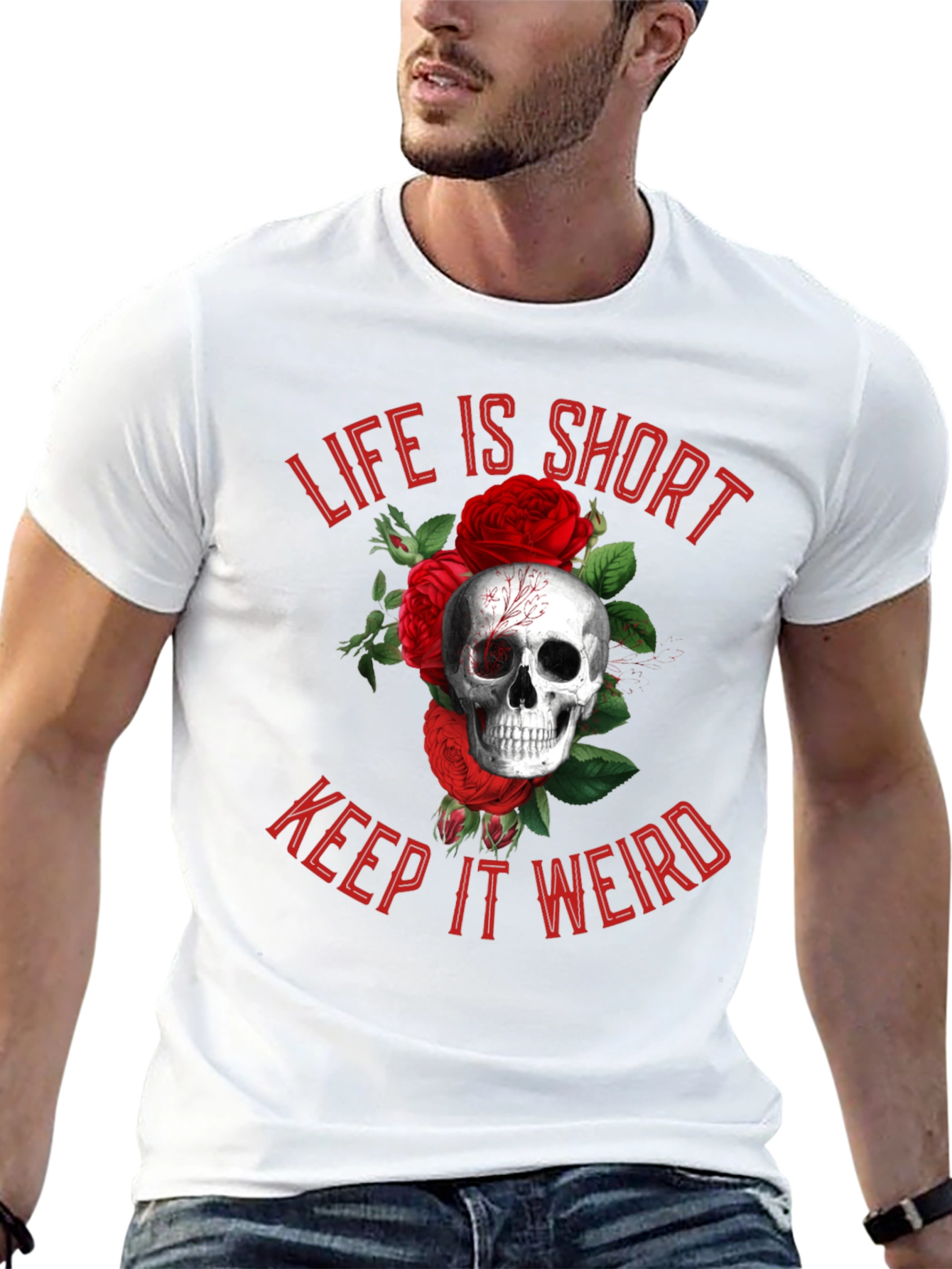 Black Life is Short, Keep it Weird Skull & Roses Graphic Tee view 13
