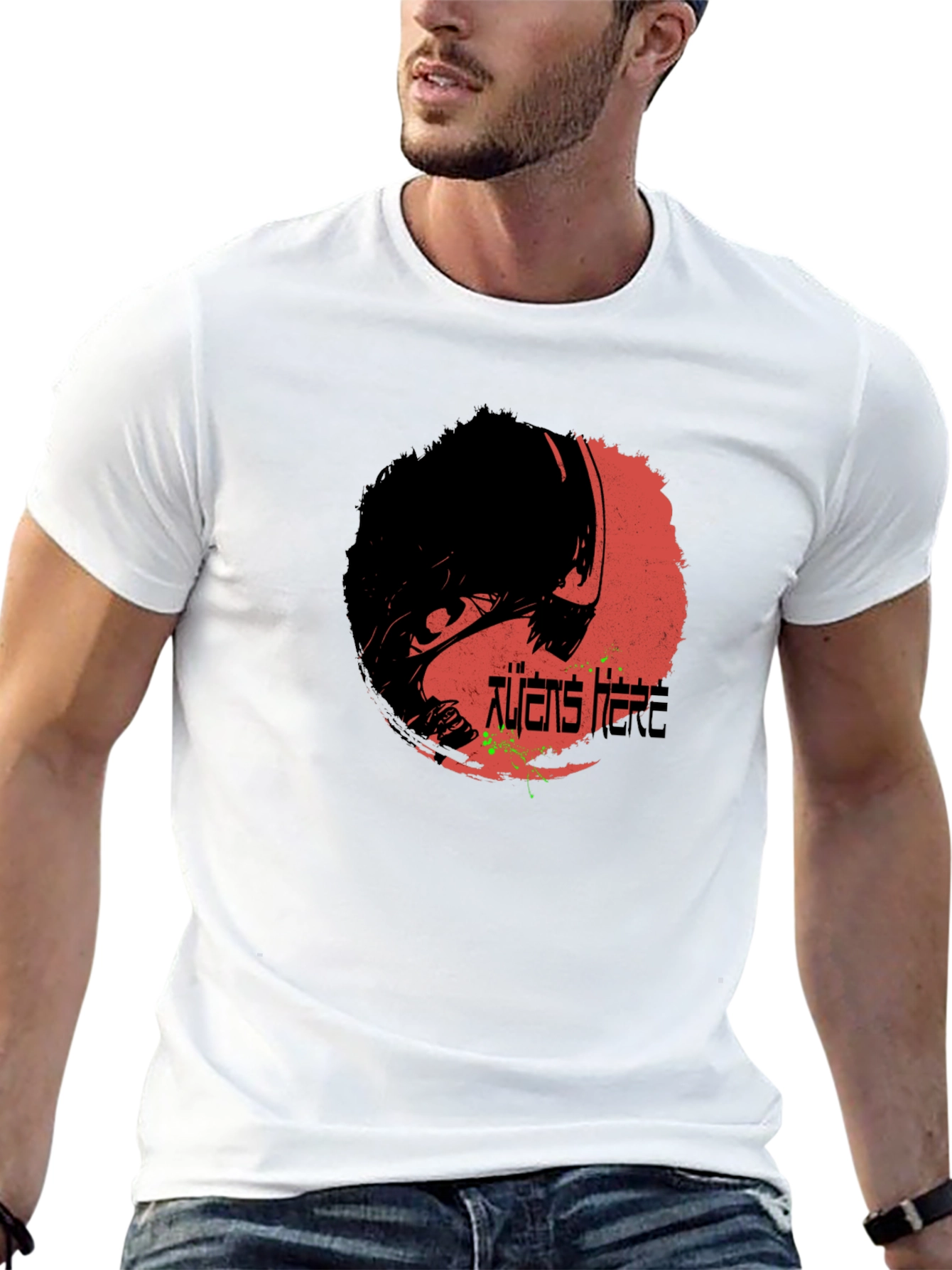 Black Aliens Here Graphic T-Shirt - Black Cotton Tee view 13