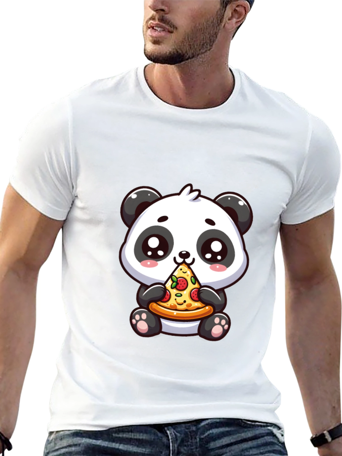 Black Cute Panda Pizza Graphic Black T-Shirt view 13