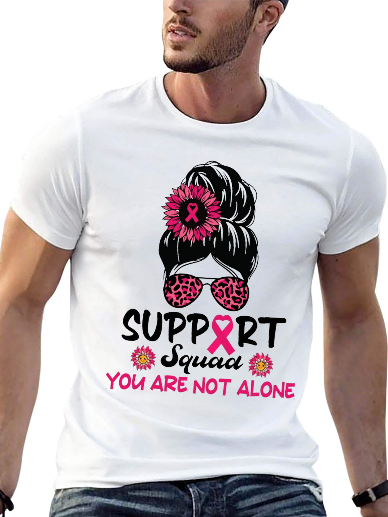 Black Breast Cancer Awareness Messy Bun Support Squad Tee view 13