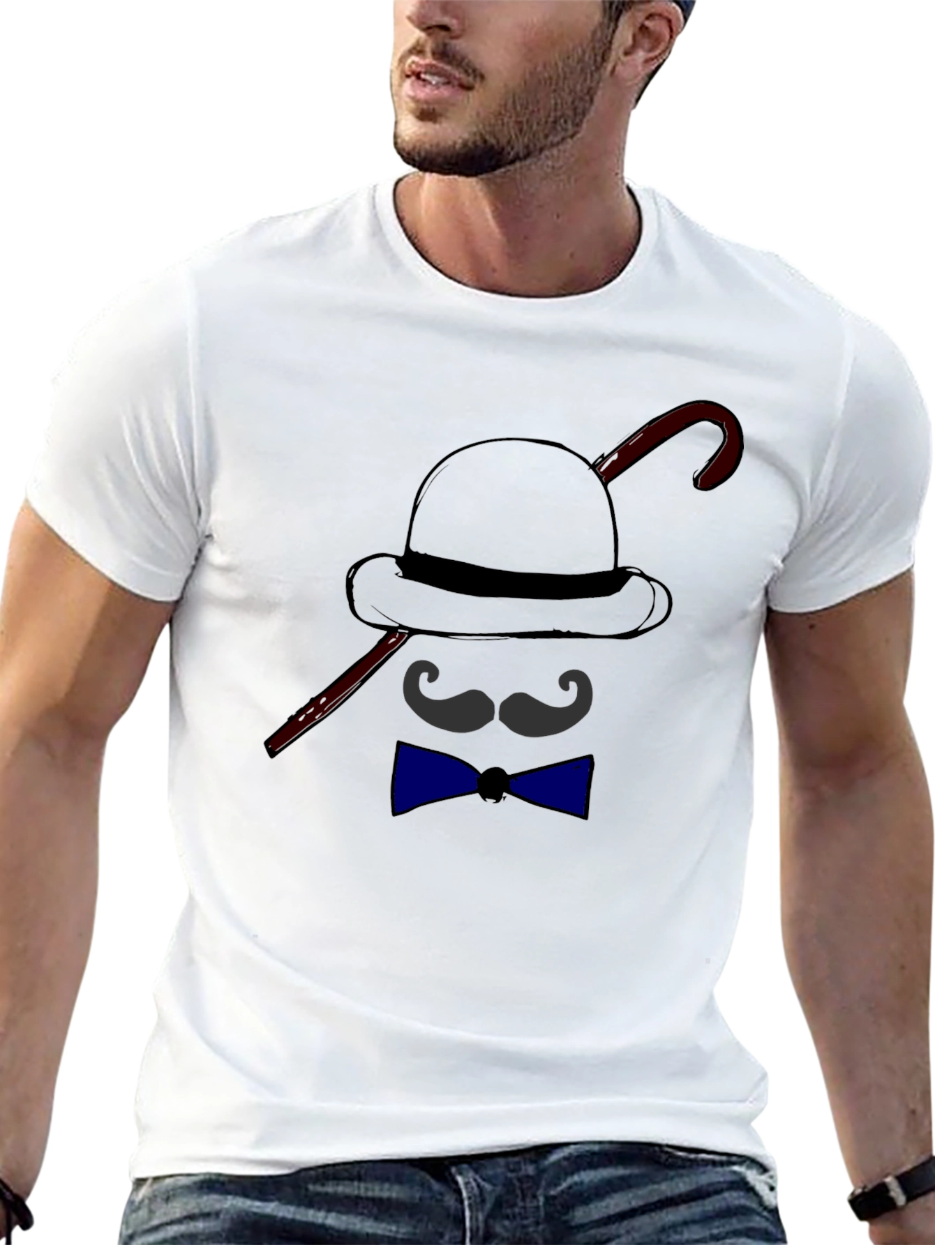 Black Men's Funny Bowler Hat & Bow Tie Graphic T-Shirt view 13