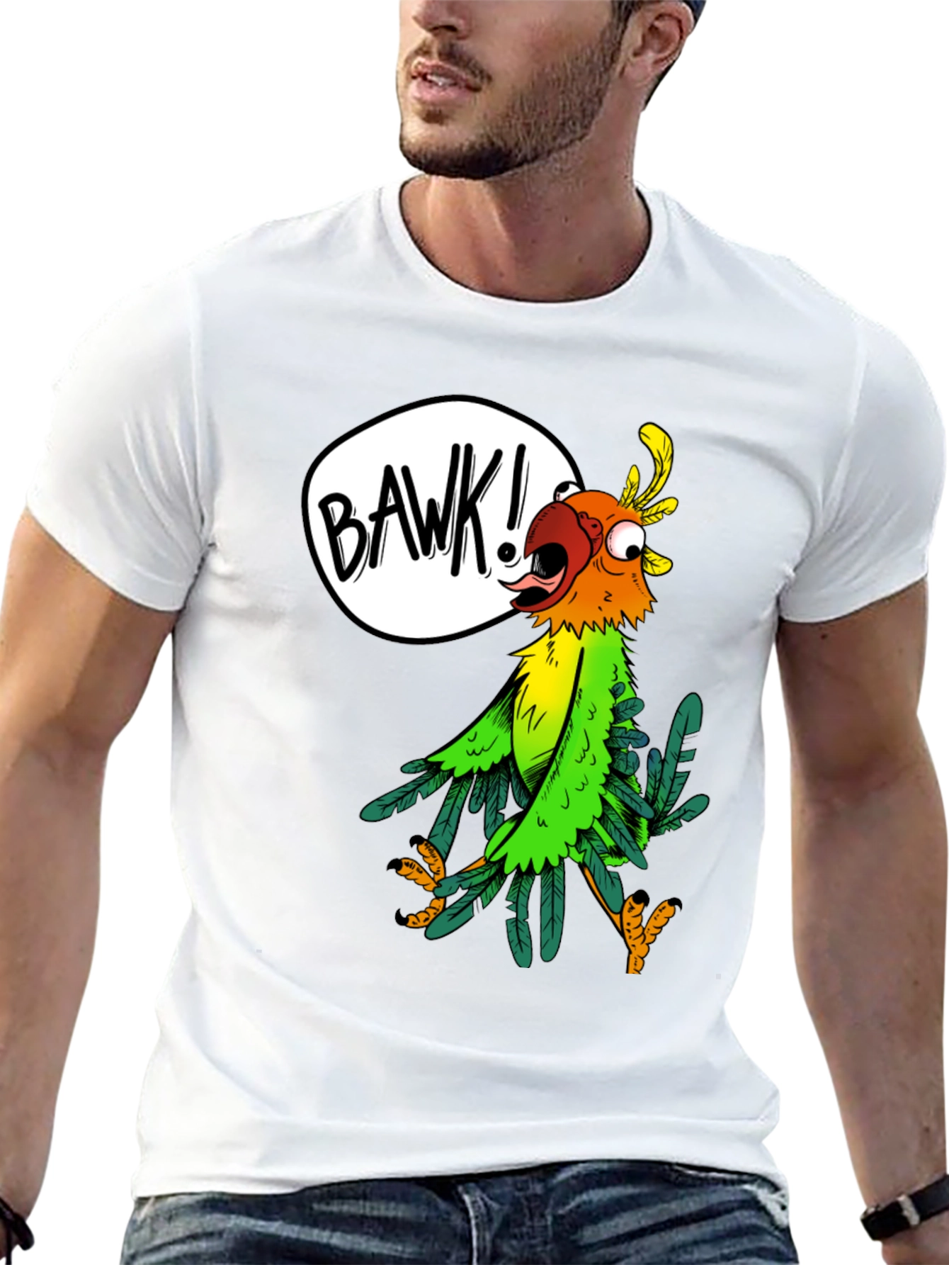 Black Cartoon Parrot Graphic Tee - 'BAWK!' Design view 13