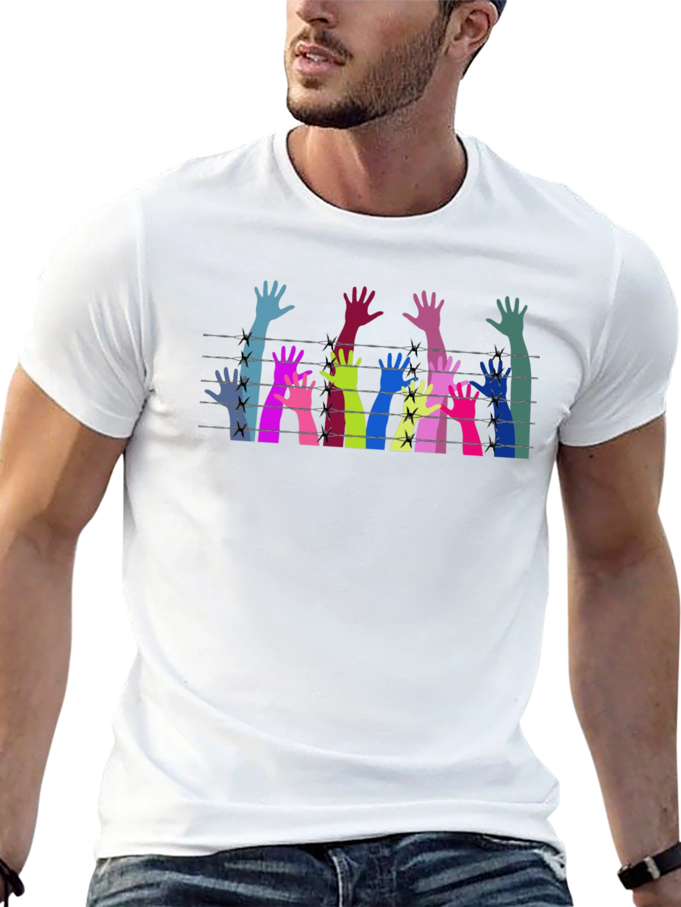 Black Colorful Hands Behind Barbed Wire Graphic Tee view 13