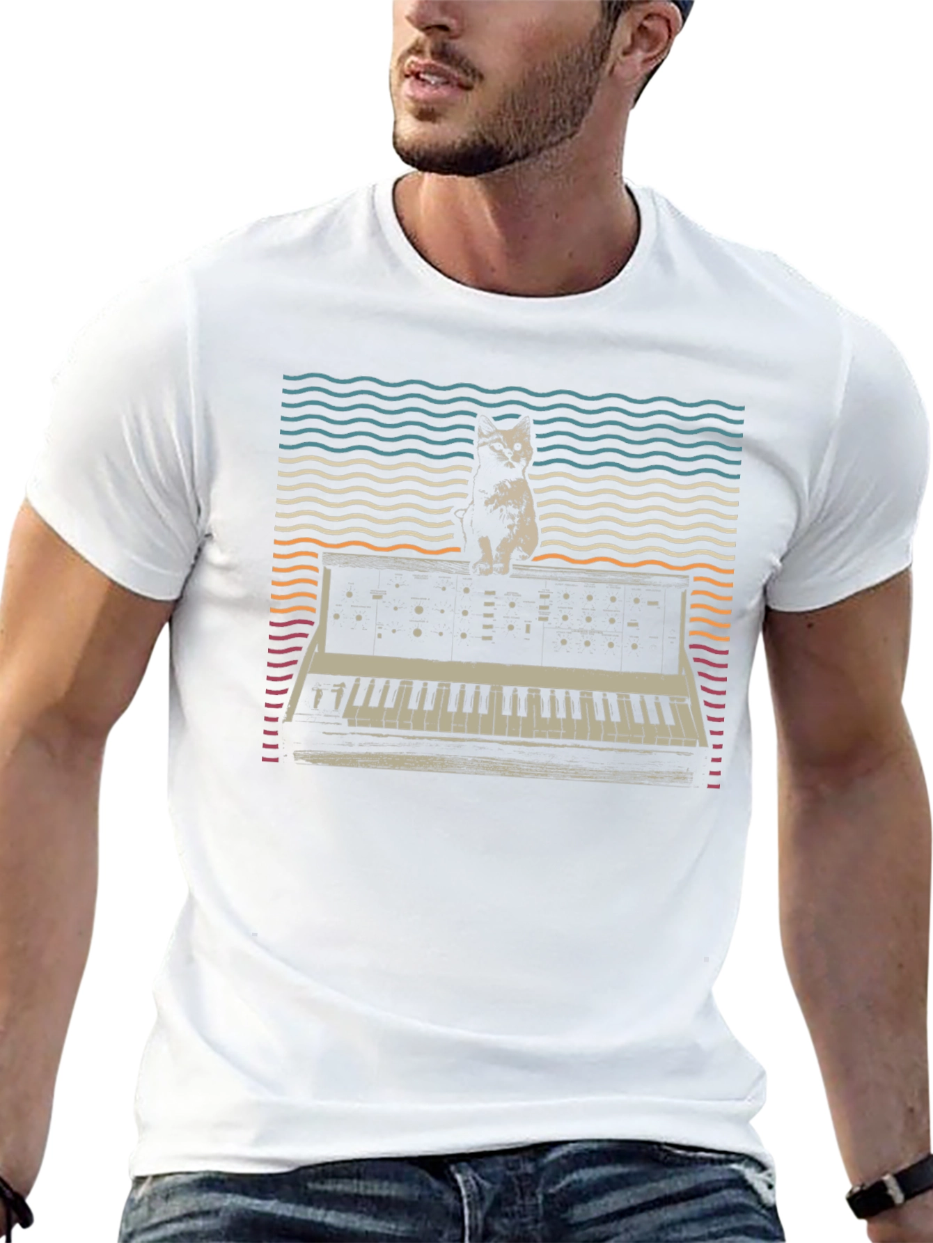 Black Cat Synth T-Shirt: Vintage Keyboard Tee view 13