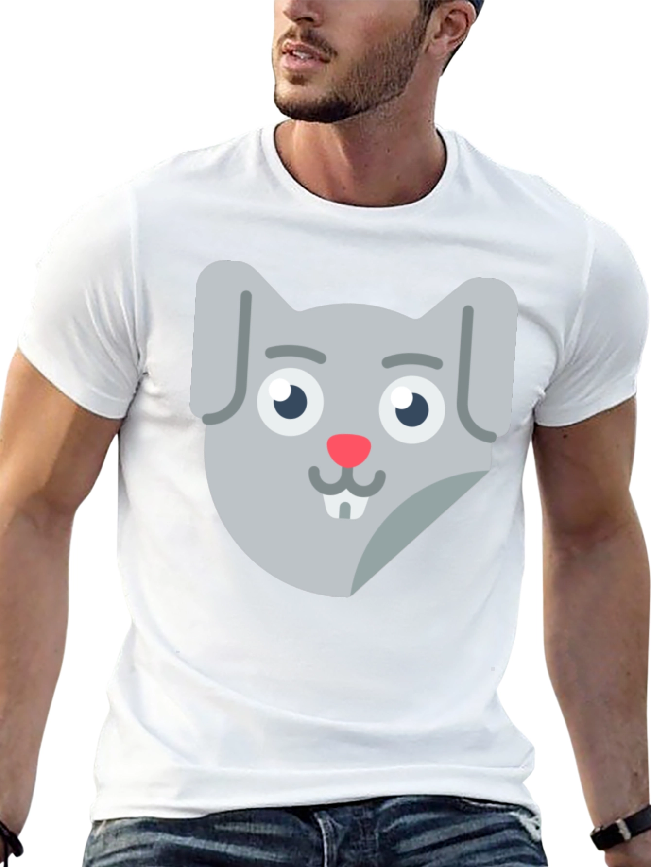 Black Cute Cartoon Rabbit Face Black T-Shirt view 13