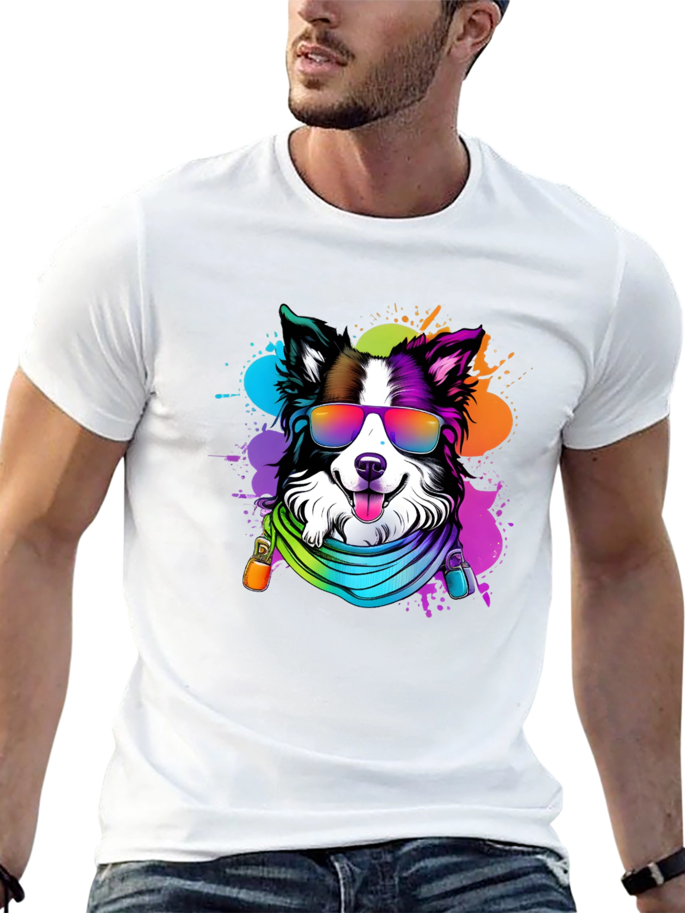 Black Cool Dog Graphic Tee - Colorful Border Collie T-Shirt view 13