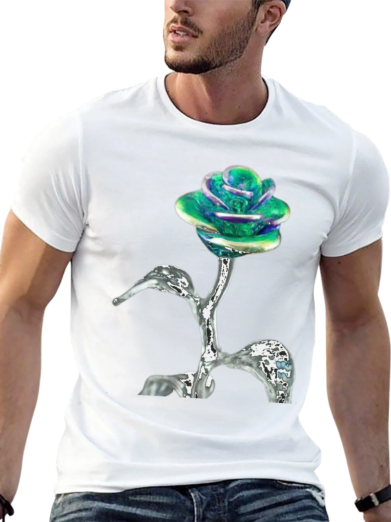 Black Iridescent Rose T-Shirt - Unique Floral Design view 13